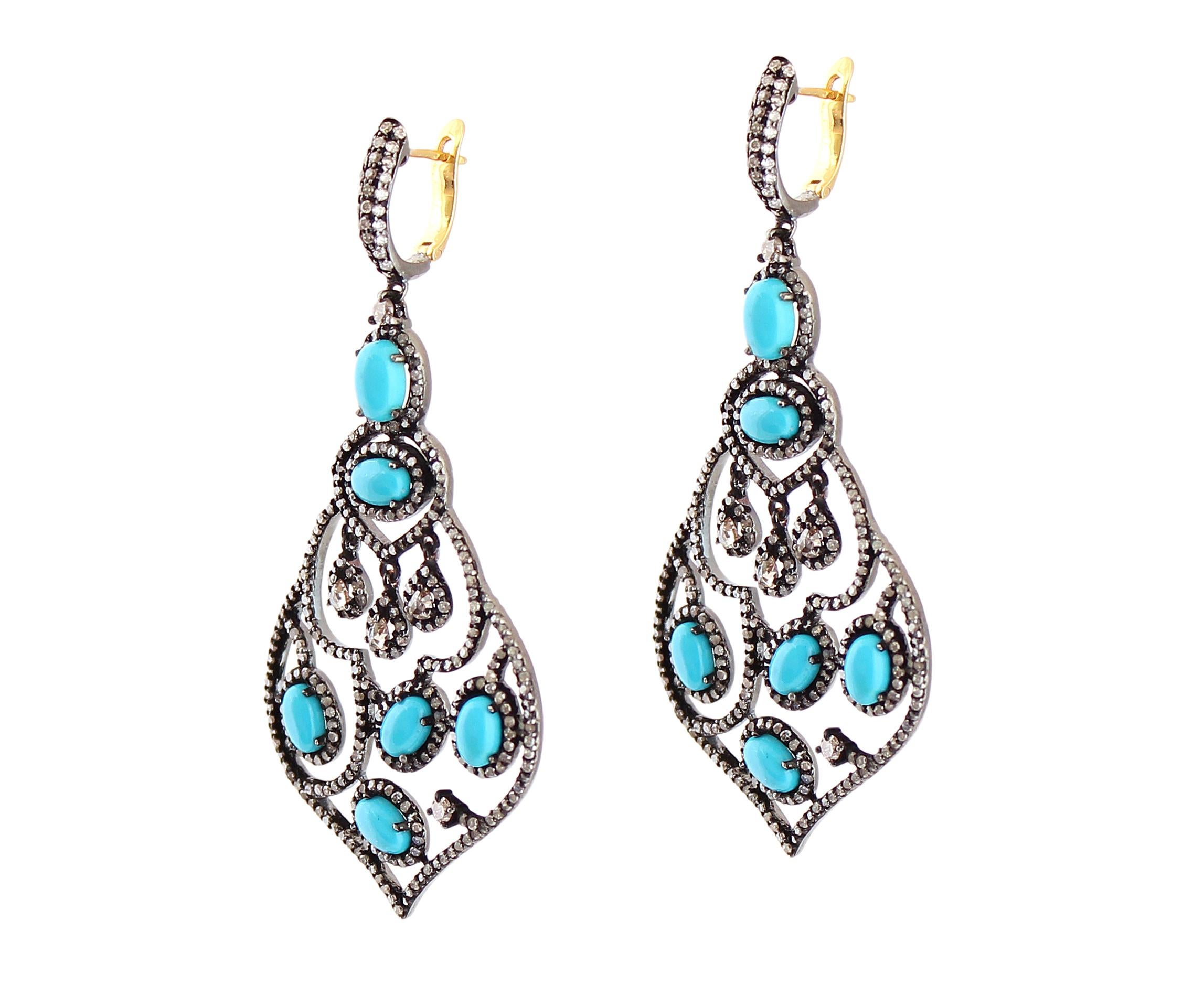Oval Cut 8.51 Carat Diamond and Turquoise Victorian Chandelier Earrings in 18k/925 Silver