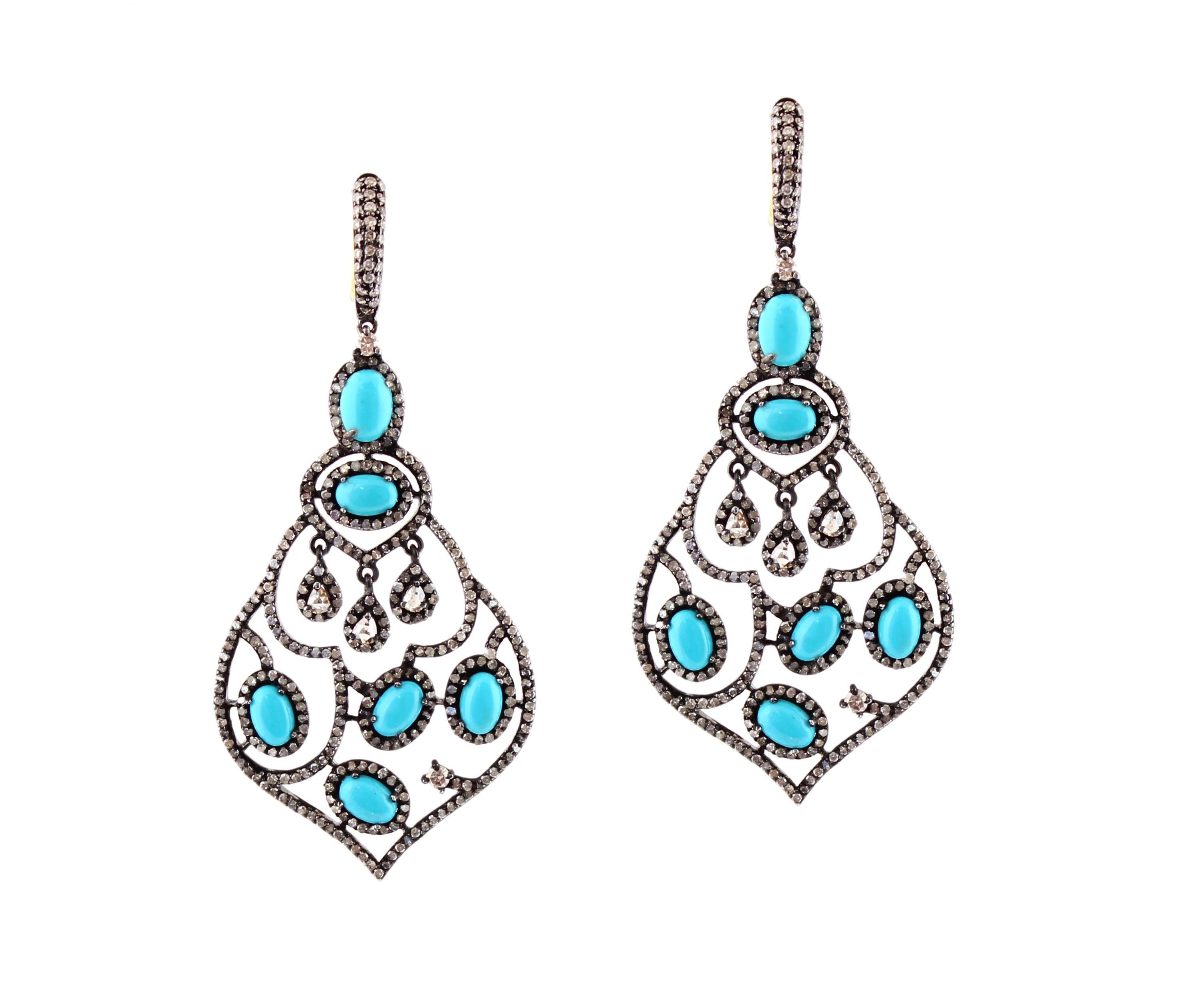 8.51 Carat Diamond and Turquoise Victorian Chandelier Earrings in 18k/925 Silver In New Condition In New York, NY