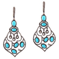 8.51 Carat Diamond and Turquoise Victorian Chandelier Earrings in 18k/925 Silver