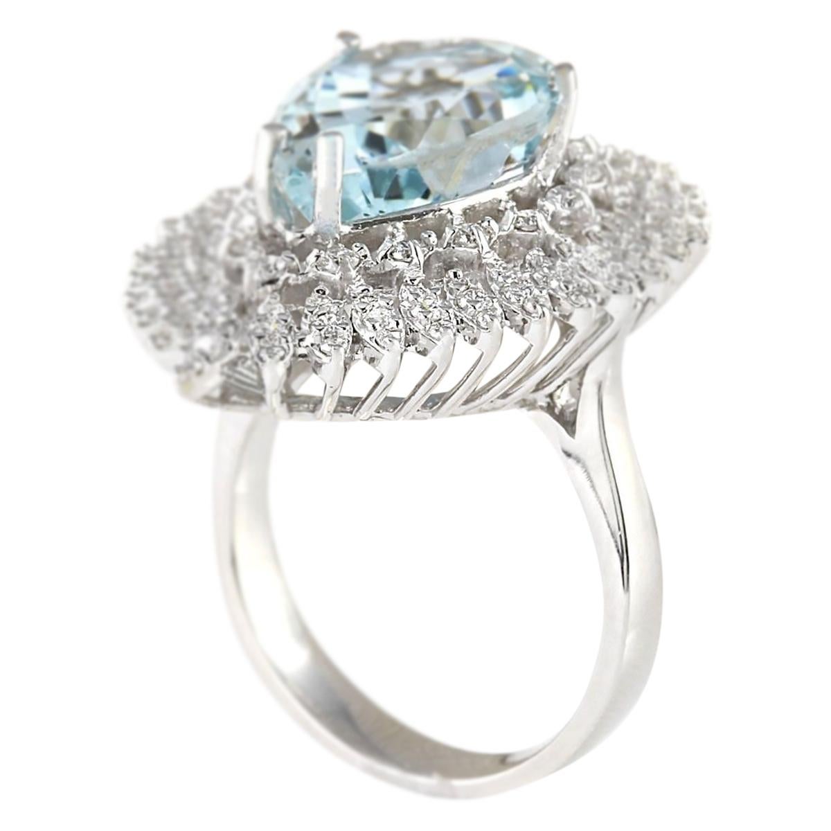 Pear Cut Natural Aquamarine Diamond Ring In 14 Karat White Gold For Sale
