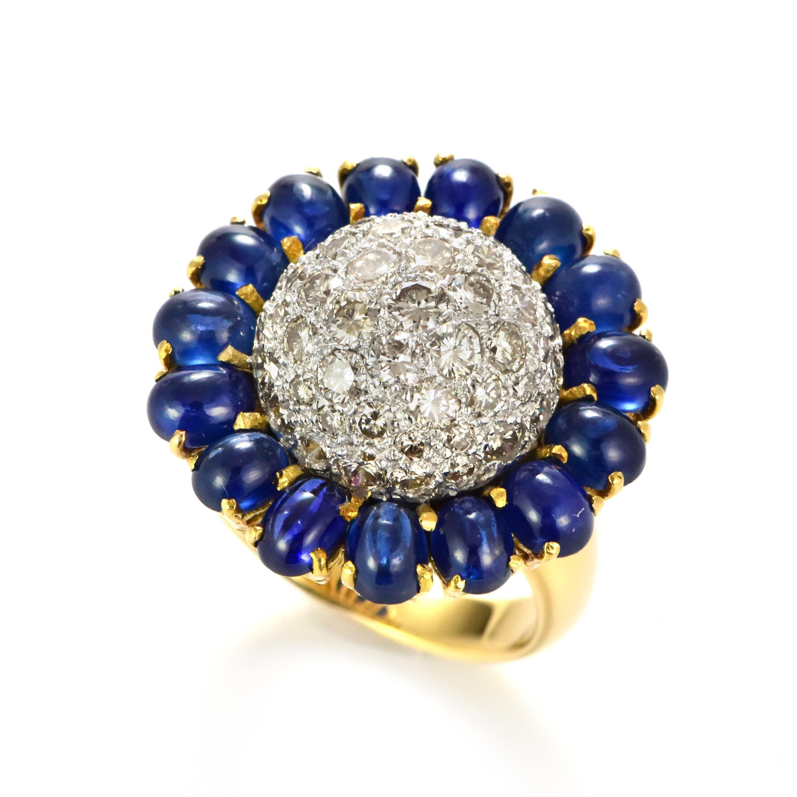 A beautiful ring featuring a 8.52 Carat Natural Cabochon,  Sapphires and 2.00 Carat Diamond Accents set in Platinum. Sapphires have extraordinary durability - they excel in hardness as well as toughness and durability making them very popular in