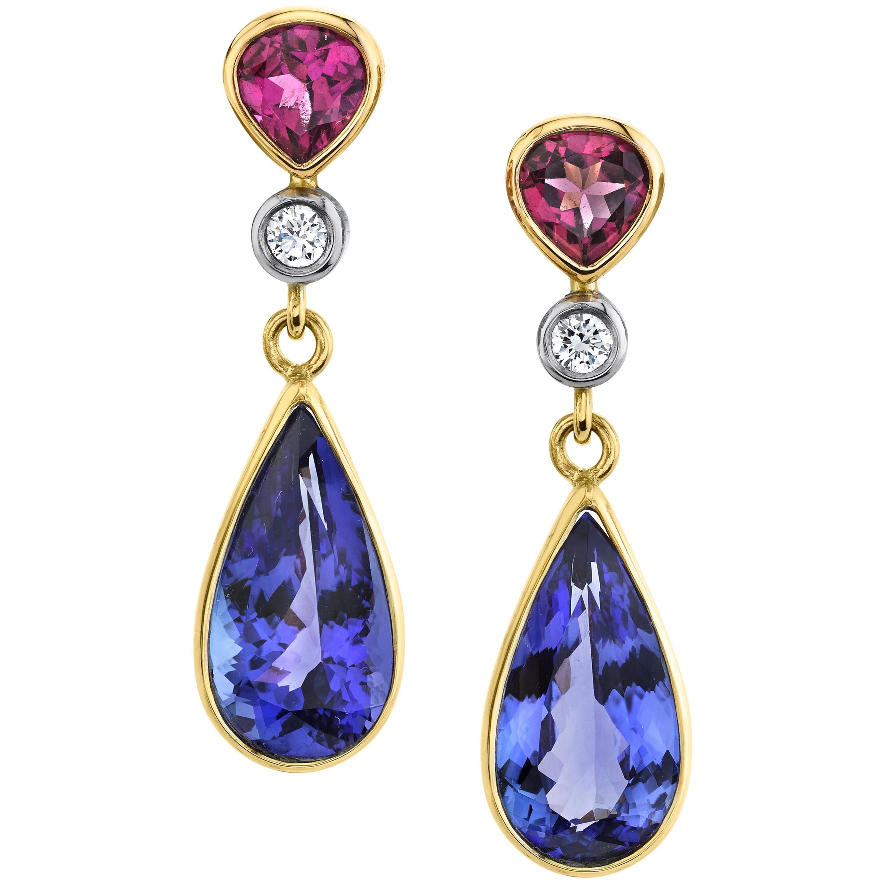 Tanzanite, Rhodolite and Diamond Drop Earrings in Yellow Gold, 8.52 Carats  For Sale