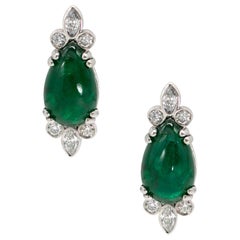8.52 Carat Pear-Shaped Cabochon Emerald with Diamond Motif Earrings in Platinum