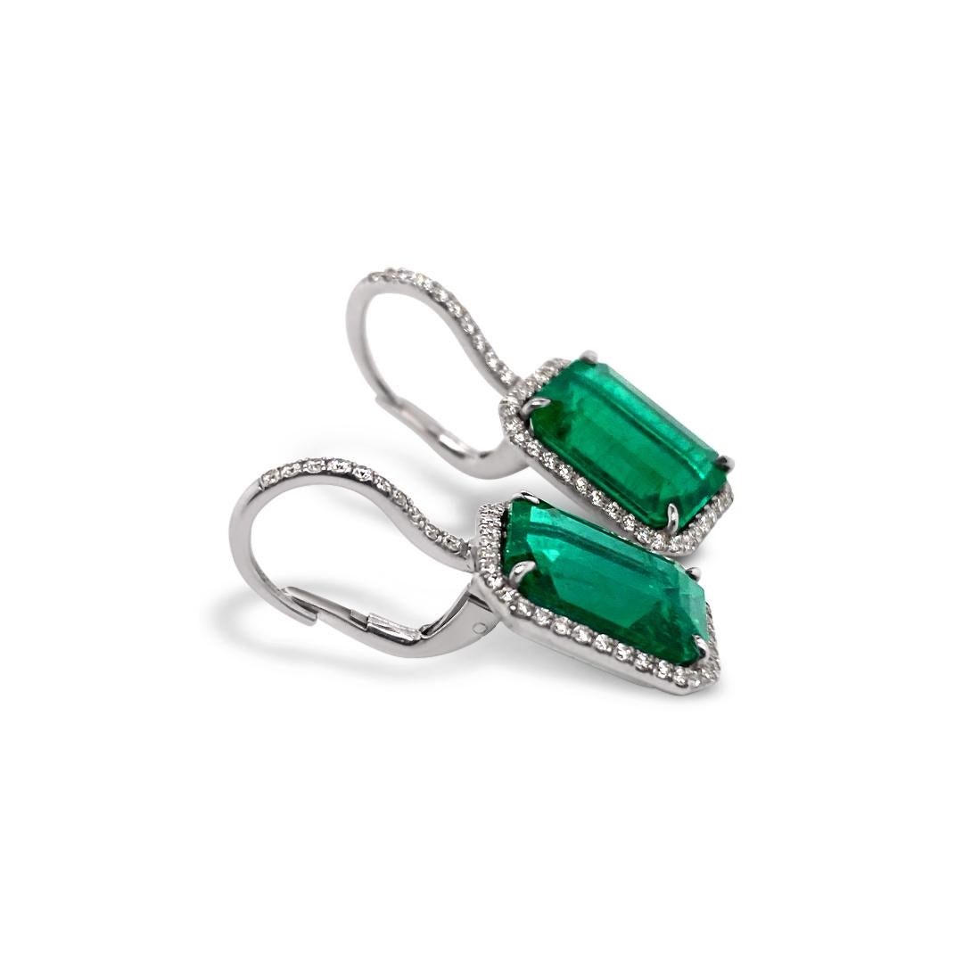 Emerald Cut 8.52 Carat 'total weight' Emerald and Diamond Halo Platinum Drop Earrings For Sale