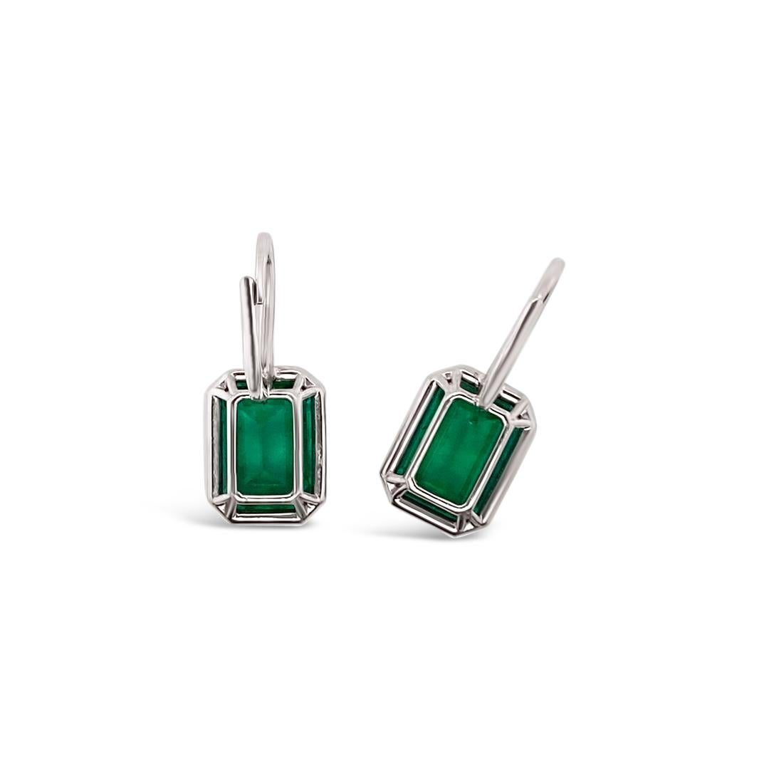 Women's 8.52 Carat 'total weight' Emerald and Diamond Halo Platinum Drop Earrings For Sale