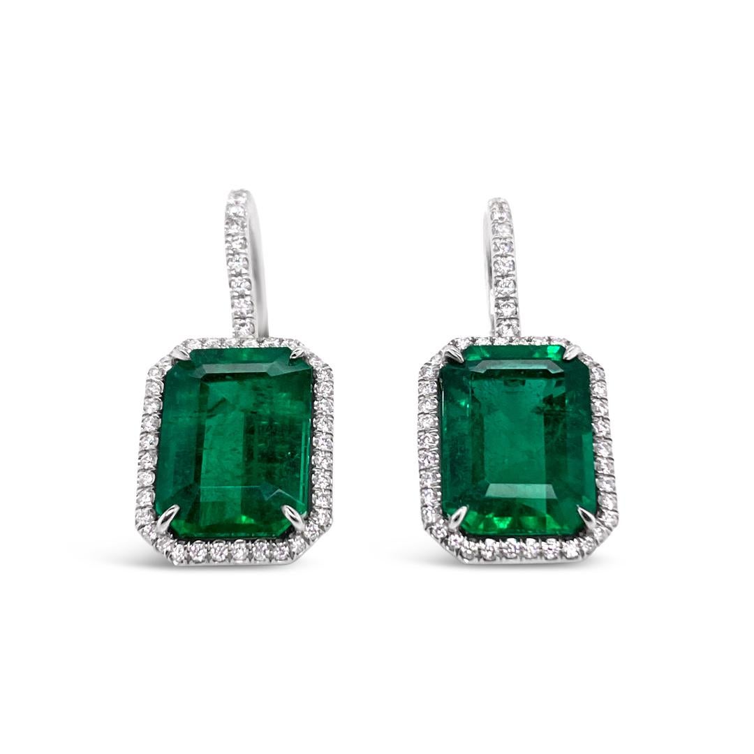 8.52 Carat 'total weight' Emerald and Diamond Halo Platinum Drop Earrings For Sale 1