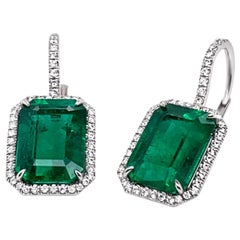 8.52 Carat 'total weight' Emerald and Diamond Halo Platinum Drop Earrings
