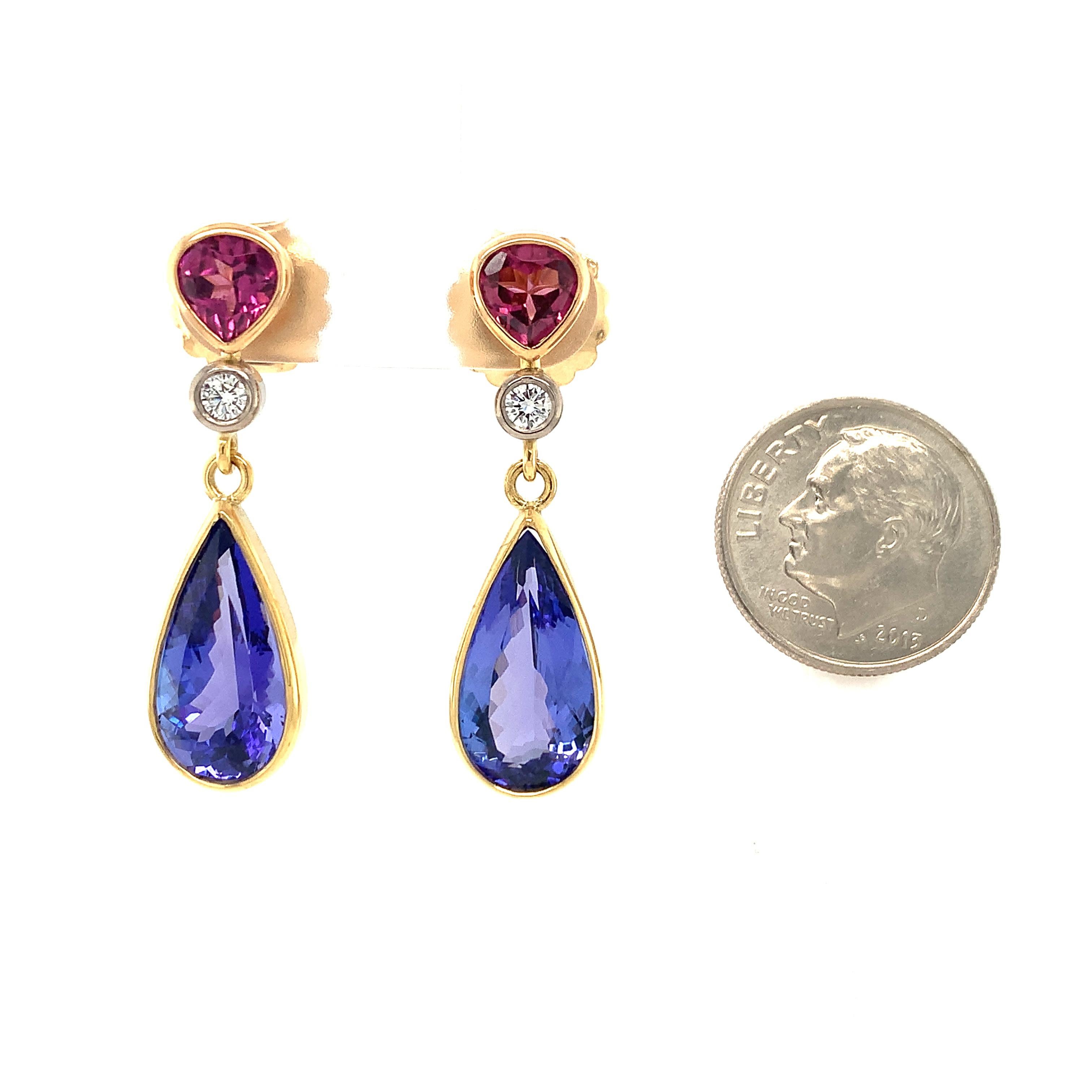 Pear Cut Tanzanite, Rhodolite and Diamond Drop Earrings in Yellow Gold, 8.52 Carats  For Sale