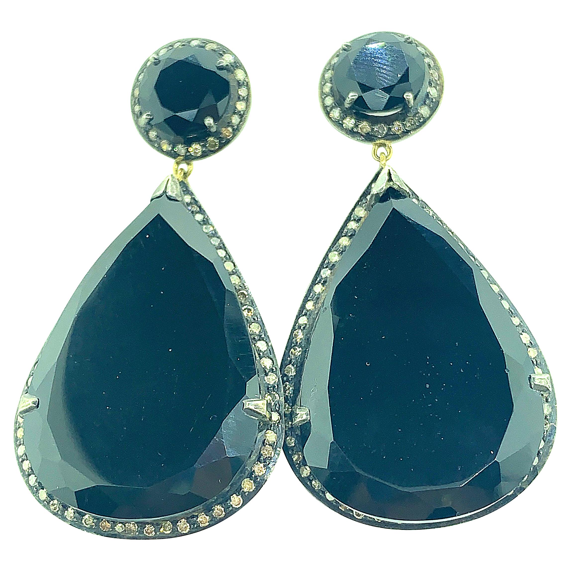 85.20 Carat Black Onyx, Diamond Earring Oxidized Sterling Silver, 14 Karat Gold For Sale