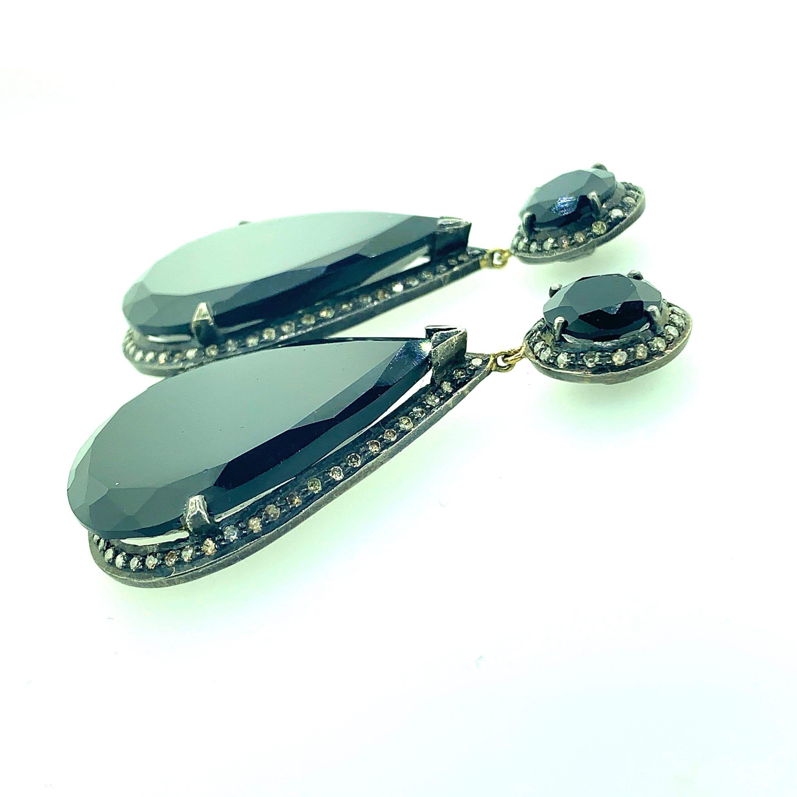 Contemporary 85.20 Carat Black Onyx, Diamond Earring Oxidized Sterling Silver, 14 Karat Gold For Sale