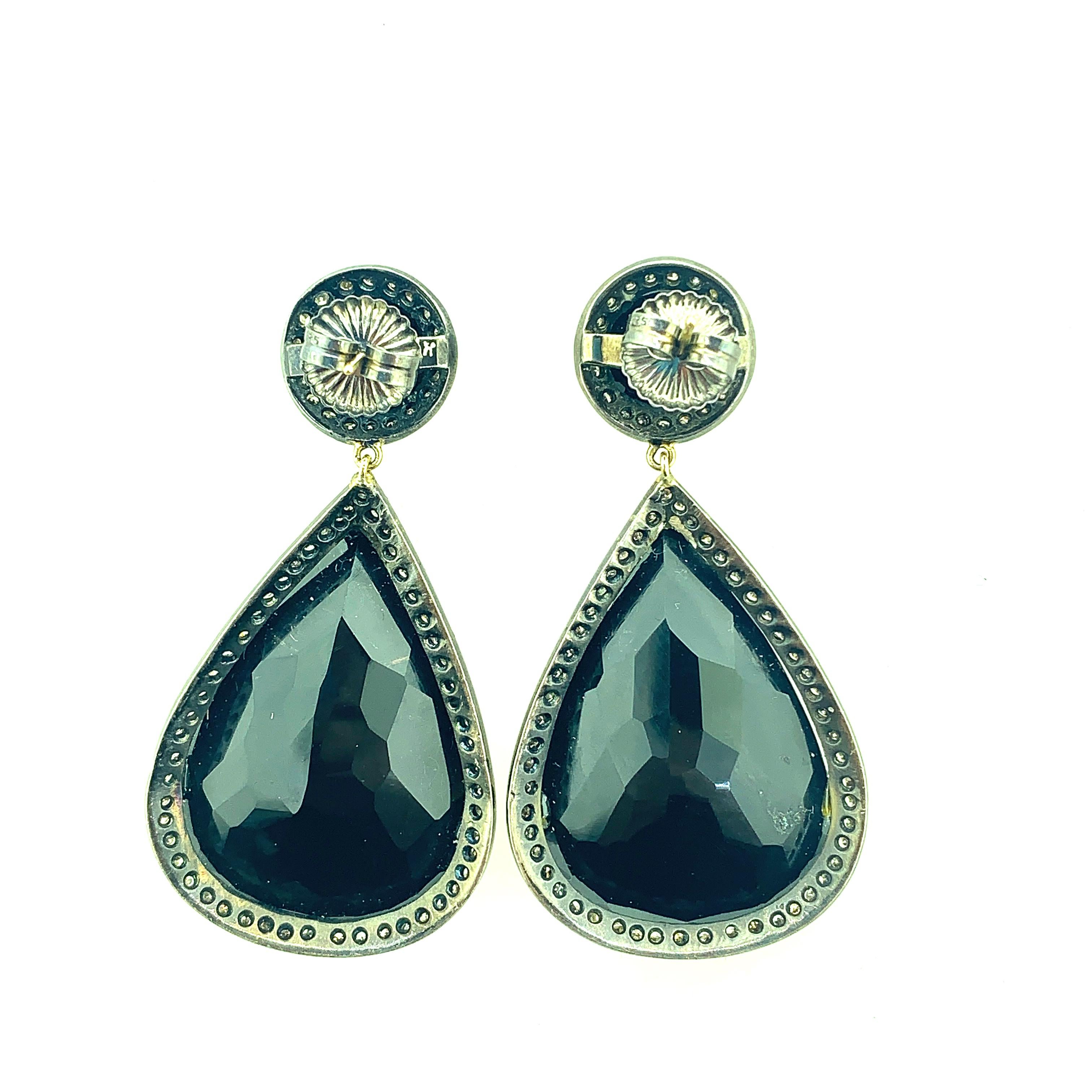 Pear Cut 85.20 Carat Black Onyx, Diamond Earring Oxidized Sterling Silver, 14 Karat Gold For Sale