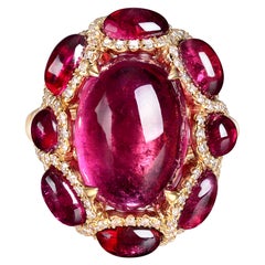 8.52Ct Oval Cabochon Rubelitte Diamond Cocktail Ring in 18K Yellow Gold