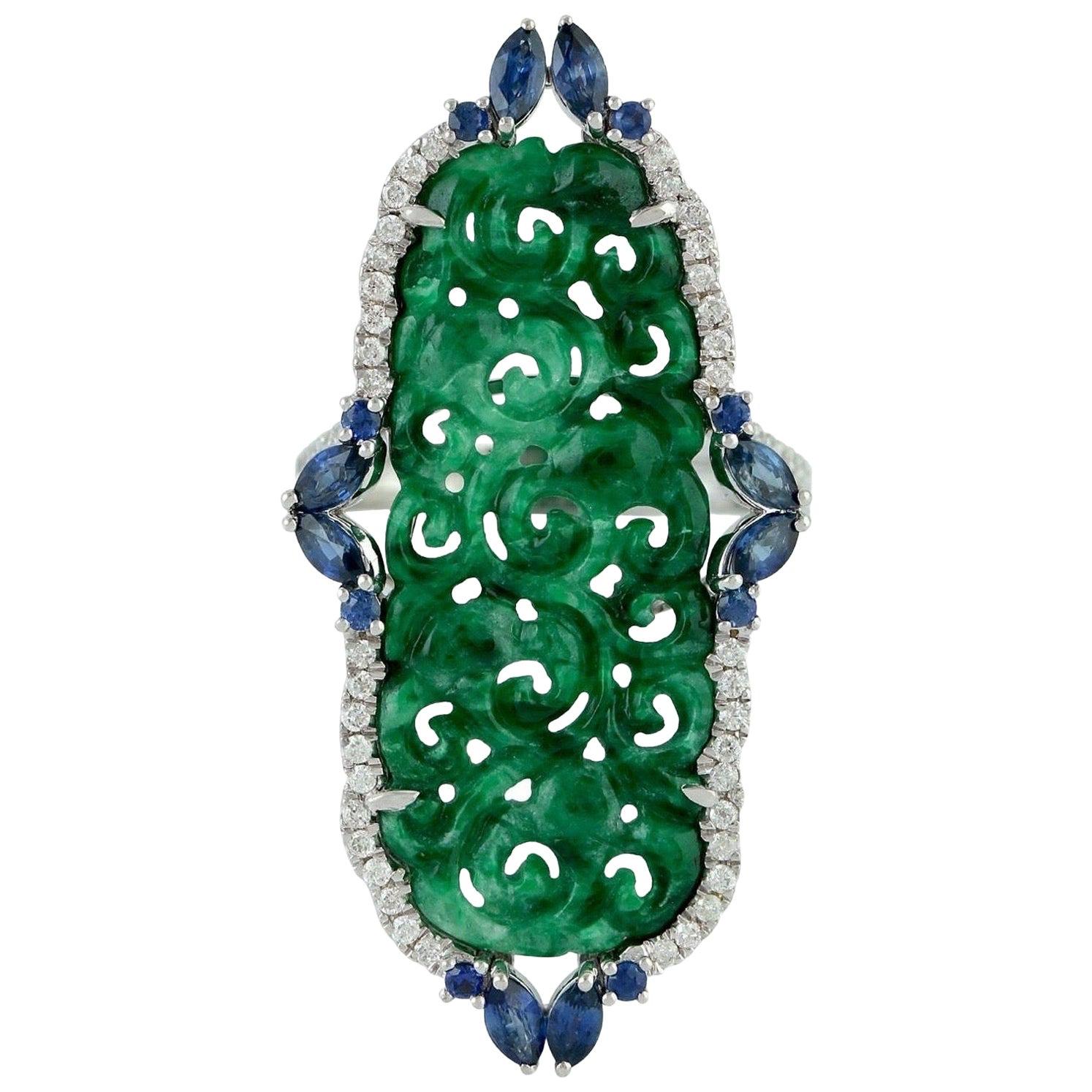 8,53 Karat geschnitzte Jade 18 Karat Gold Diamantring