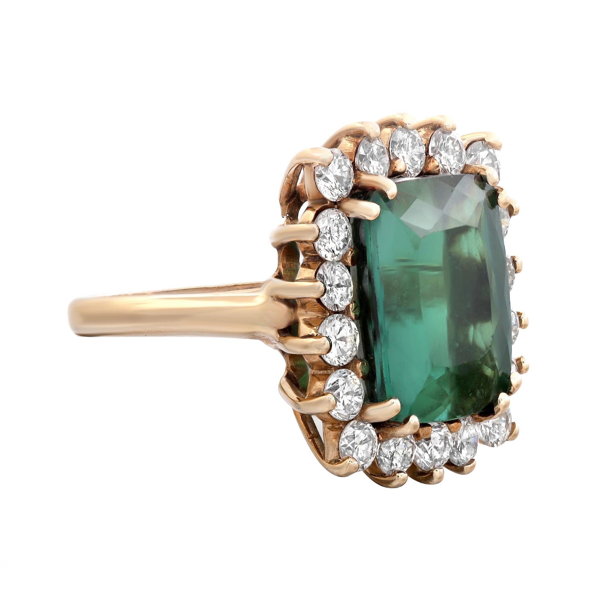 Modern 8.53Cts Green Tourmaline & 1.80Cts Diamond Ring 14K Yellow Gold For Sale