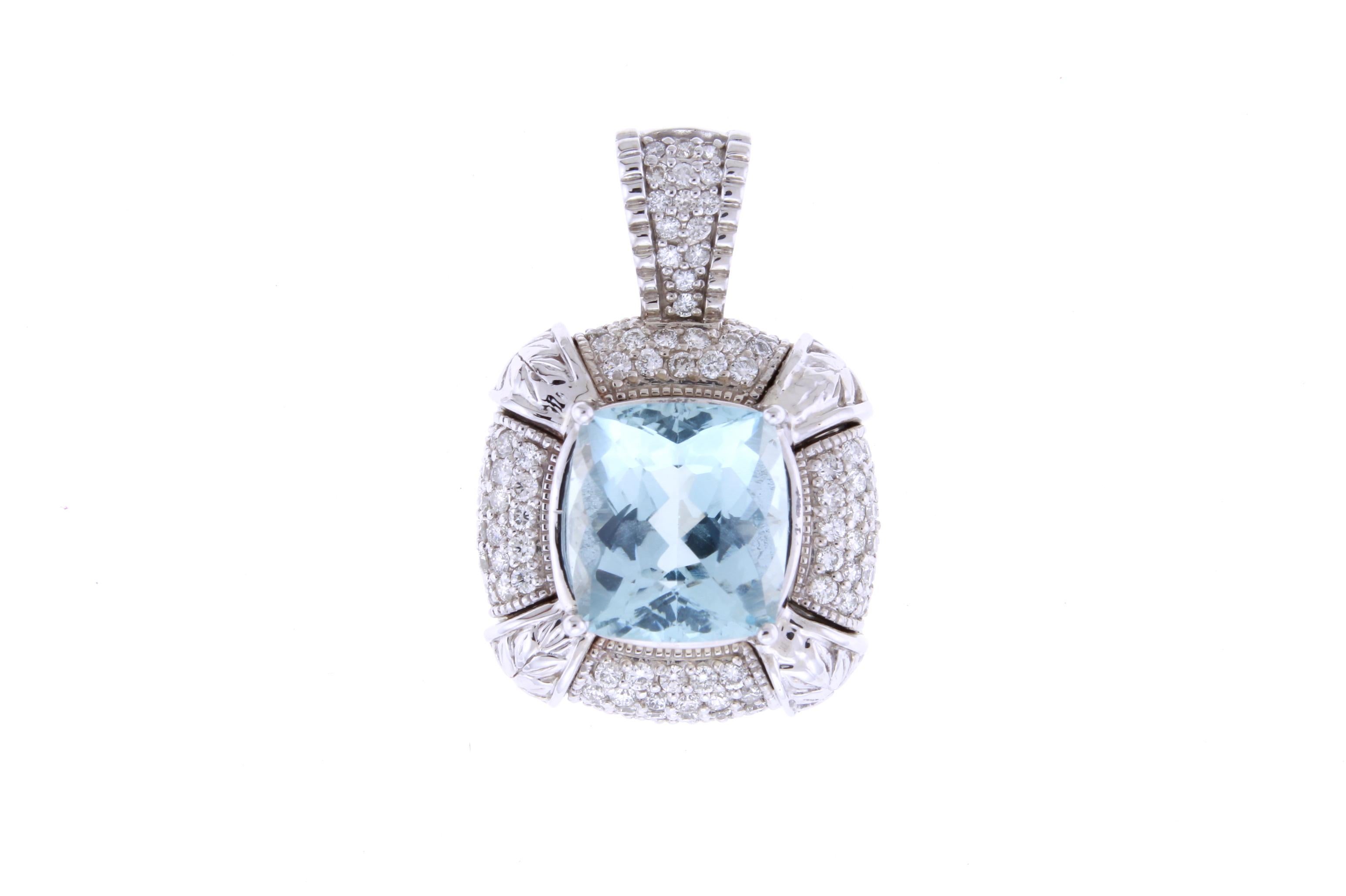 Material: 14k White Gold 
Gemstone:  8.54 Carat Cushion Cut Aquamarine Pendant measuring 12.8 x 11.8 mm
Diamond:  98 Round Diamonds at 0.52 Carats.  SI Quality /  H-I Color
Chain:  18 inch chain.

Fine one-of-a kind craftsmanship meets incredible
