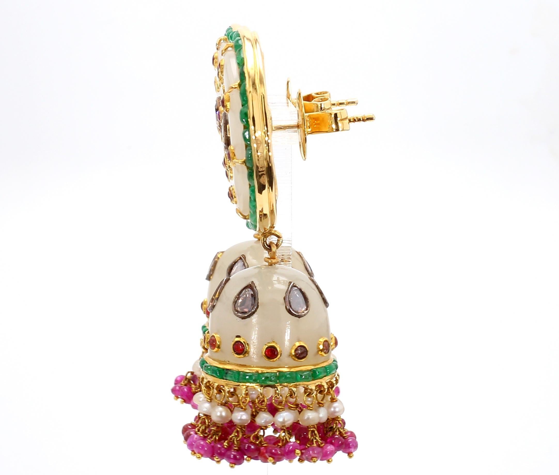Round Cut 8.54 Carat Emerald, 2.40 Carat Ruby, and 1.00 Carat Diamond Old Persian Earrings For Sale