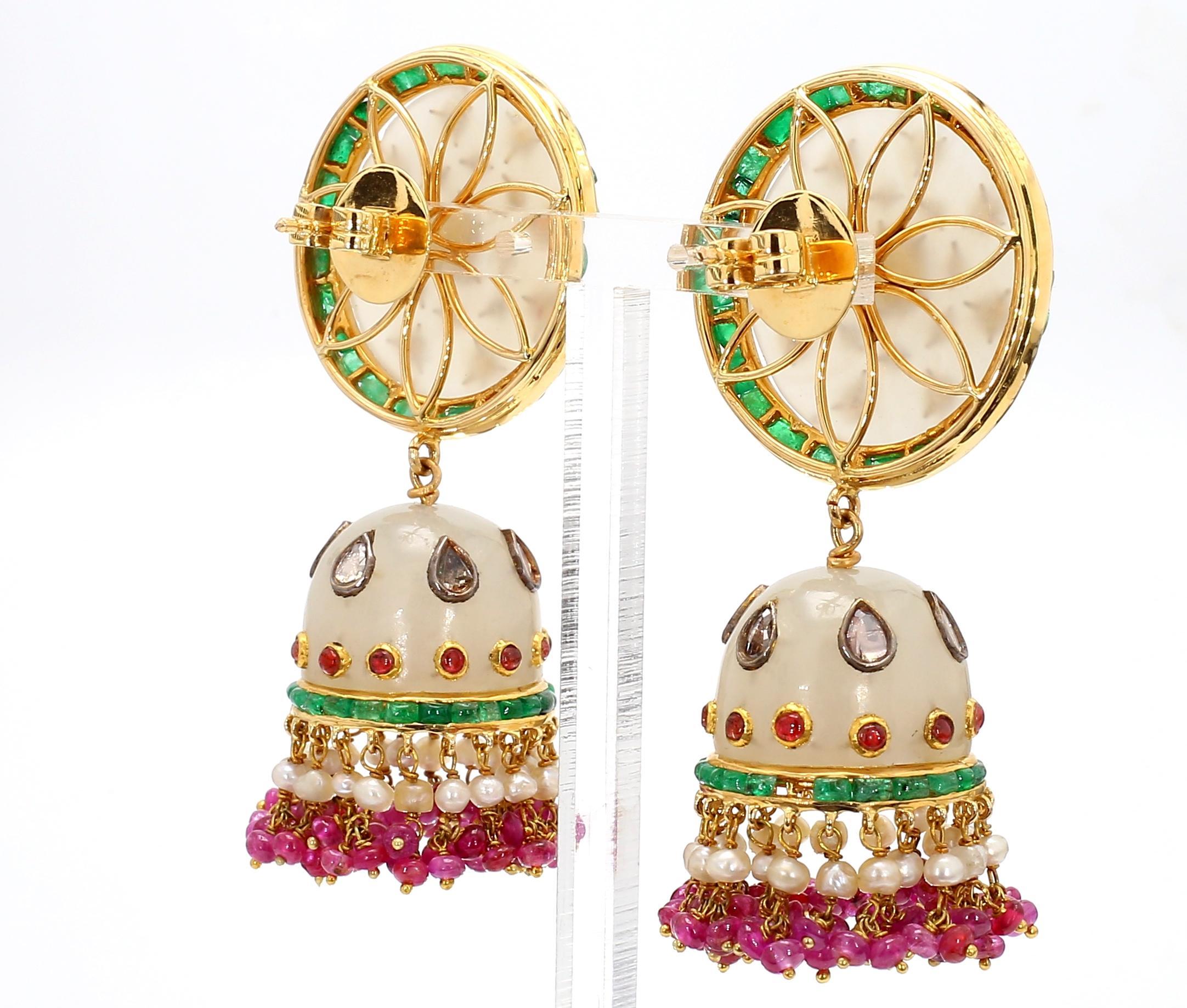 Women's or Men's 8.54 Carat Emerald, 2.40 Carat Ruby, and 1.00 Carat Diamond Old Persian Earrings For Sale