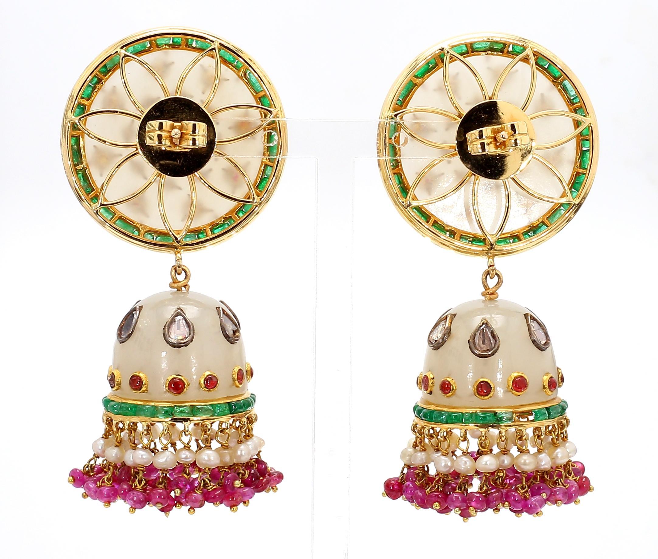 8.54 Carat Emerald, 2.40 Carat Ruby, and 1.00 Carat Diamond Old Persian Earrings For Sale 1