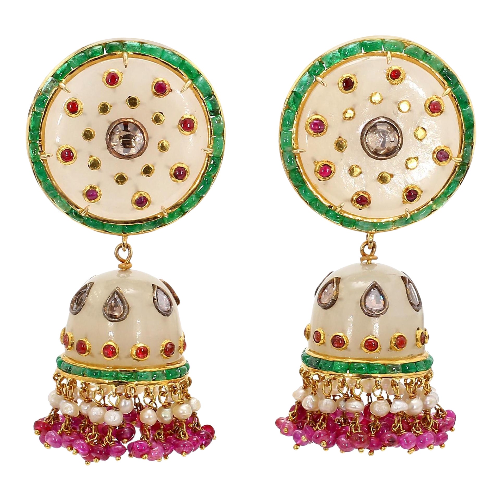 8.54 Carat Emerald, 2.40 Carat Ruby, and 1.00 Carat Diamond Old Persian Earrings For Sale