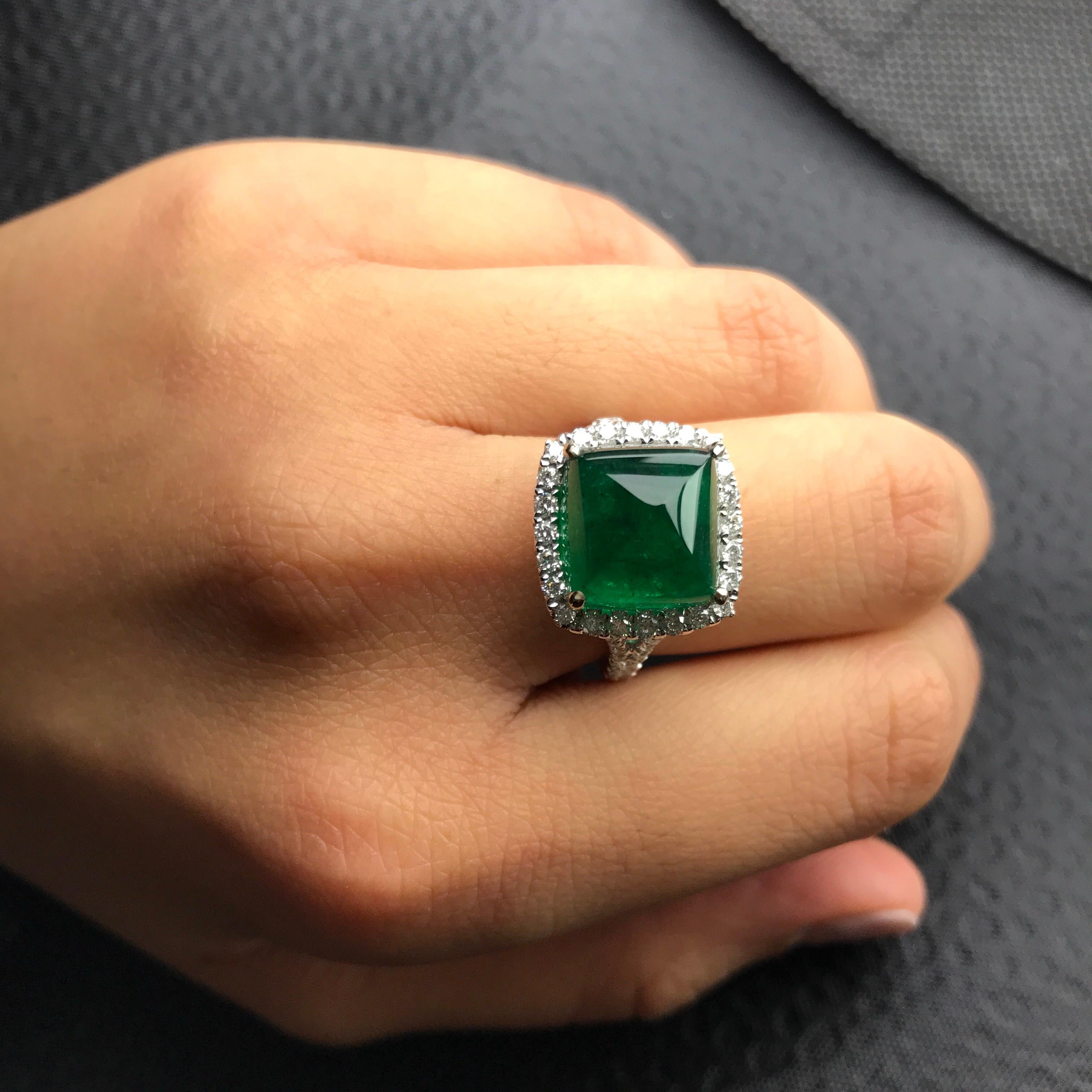 Cushion Cut 8.54 Carat Emerald Sugarloaf and Diamond Statement Ring