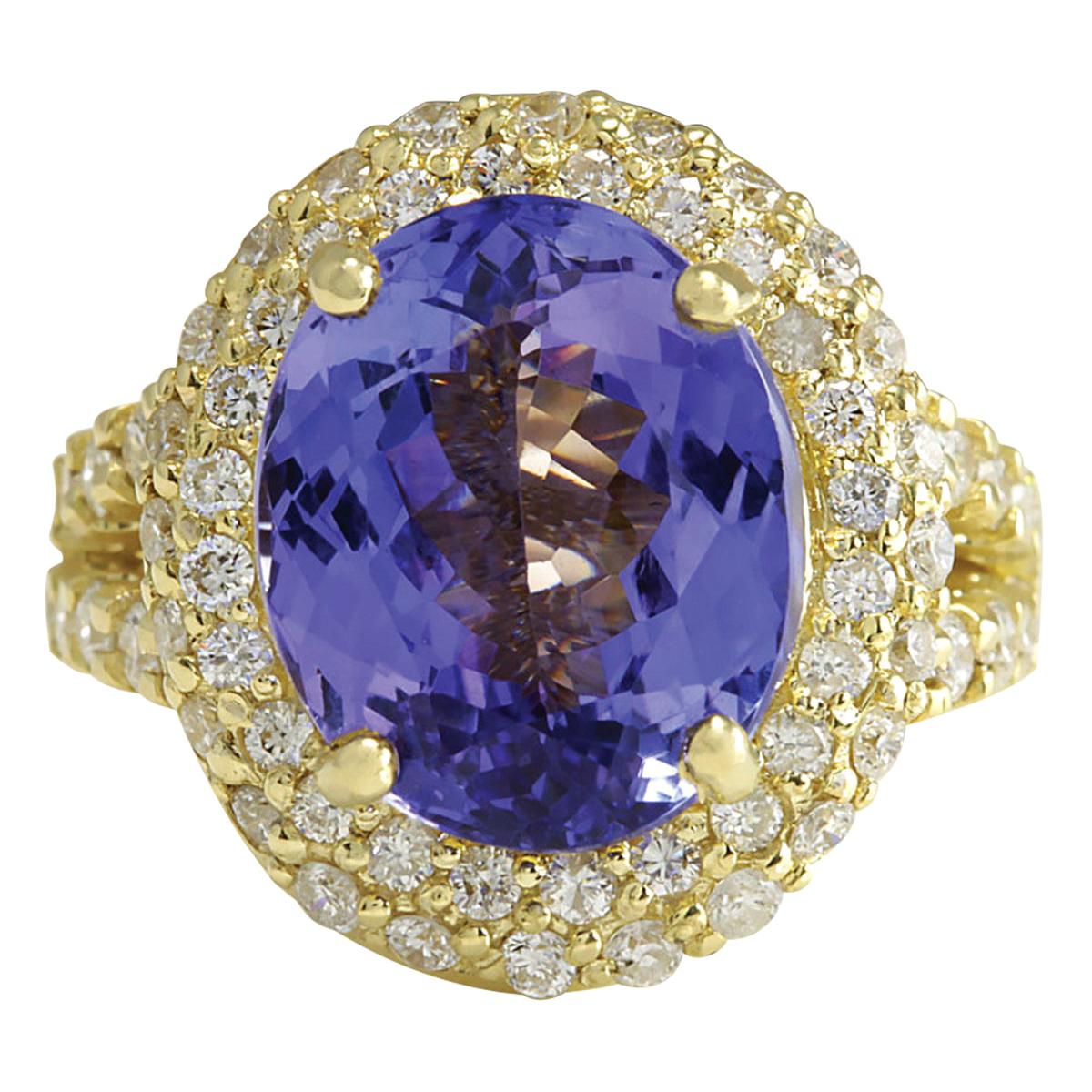 Exquisite Natural Tanzanite Diamond Ring In 14 Karat Yellow Gold  For Sale