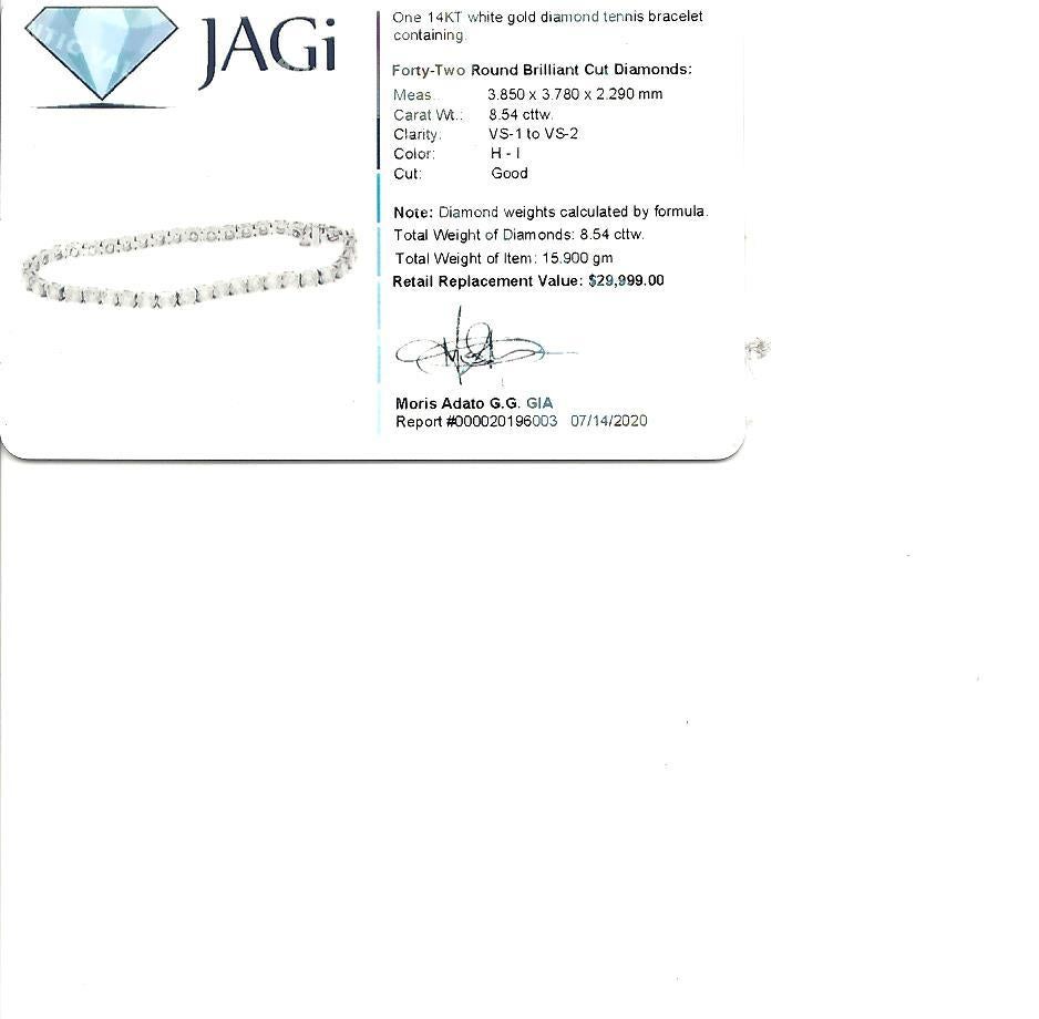 8.54 Carats Total Round Brilliant Diamond Tennis Bracelet 14 Karat White Gold For Sale 7