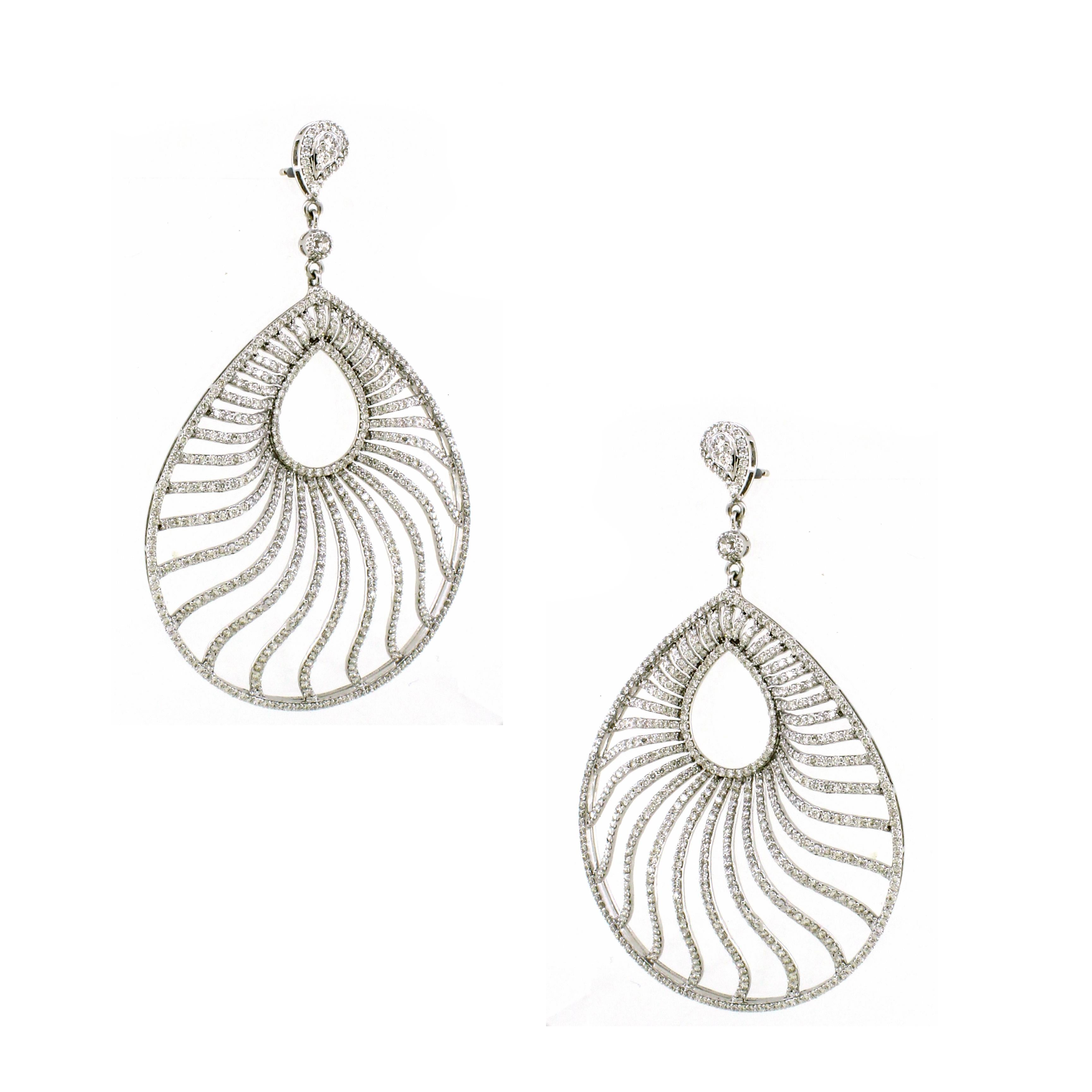 Elevate your elegance with these exquisite dangle earrings, meticulously crafted in a pear-shaped silhouette. The intricate design is adorned with a dazzling array of 1108 round white diamonds, totaling 8.3 carats, creating a breathtaking sparkle