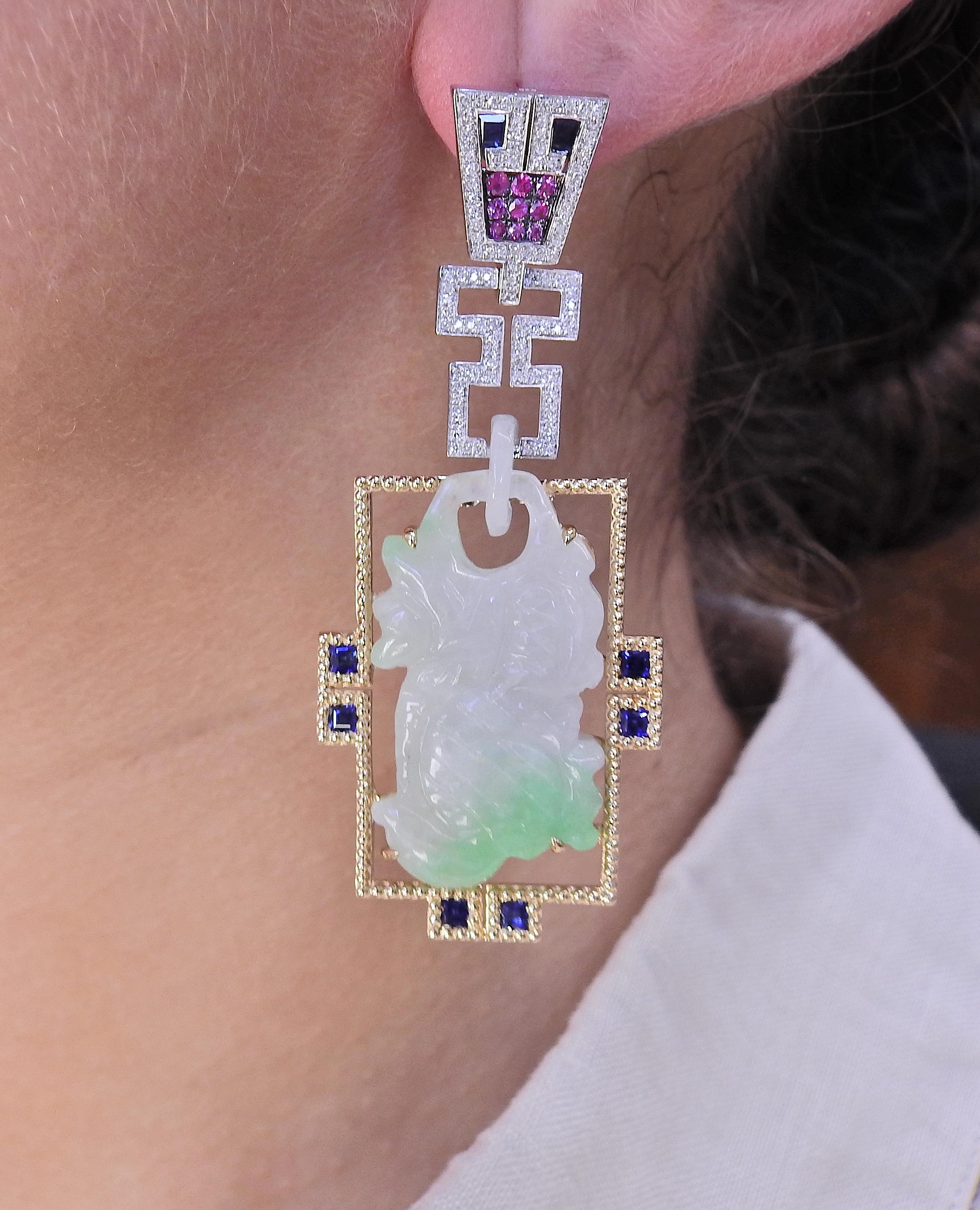 85.42ctw Carved Jadeite Jade Diamond Sapphire Gold Long Drop Earrings In Excellent Condition For Sale In New York, NY