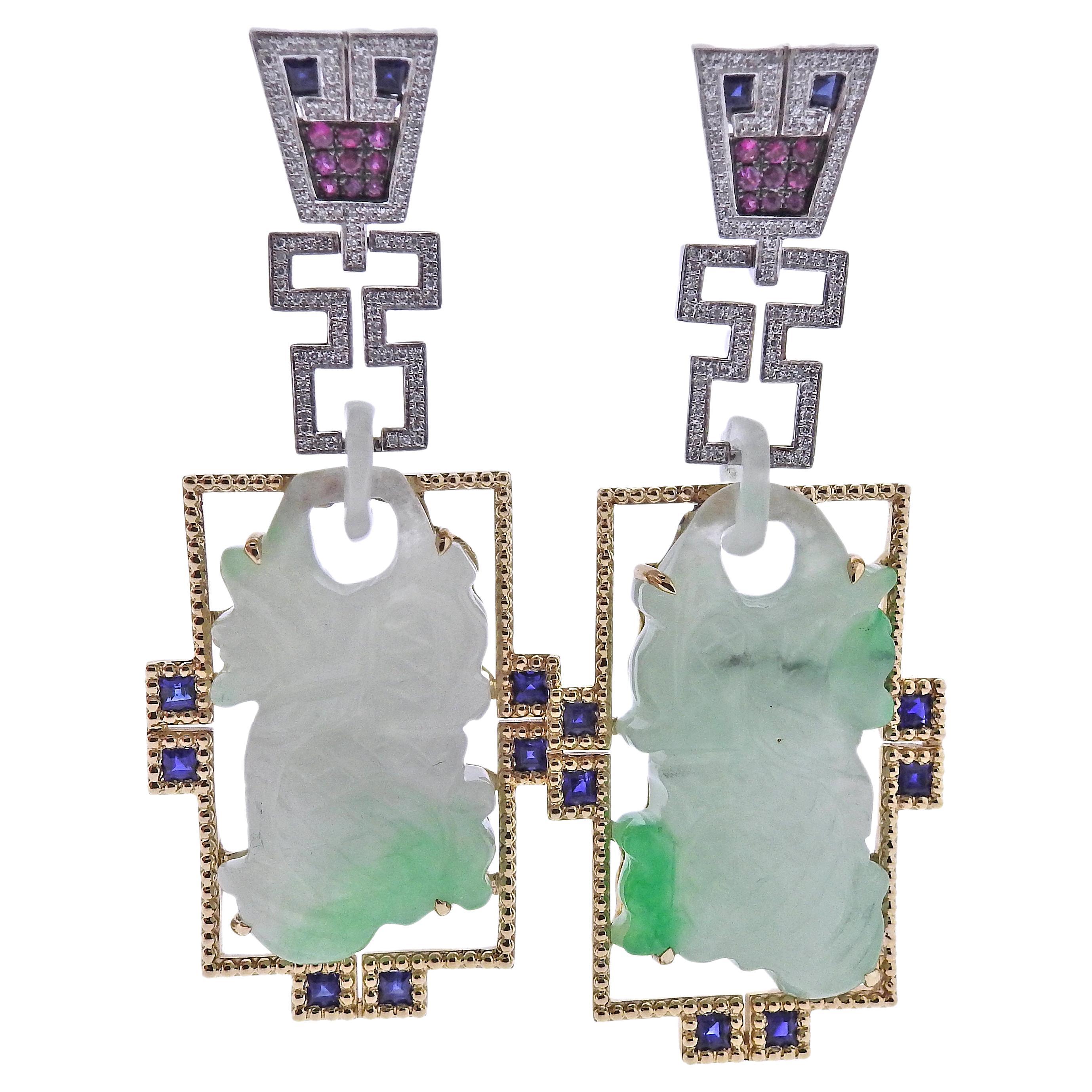 85.42ctw Carved Jadeite Jade Diamond Sapphire Gold Long Drop Earrings