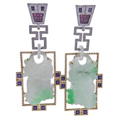 85.42ctw Carved Jadeite Jade Diamond Sapphire Gold Long Drop Earrings