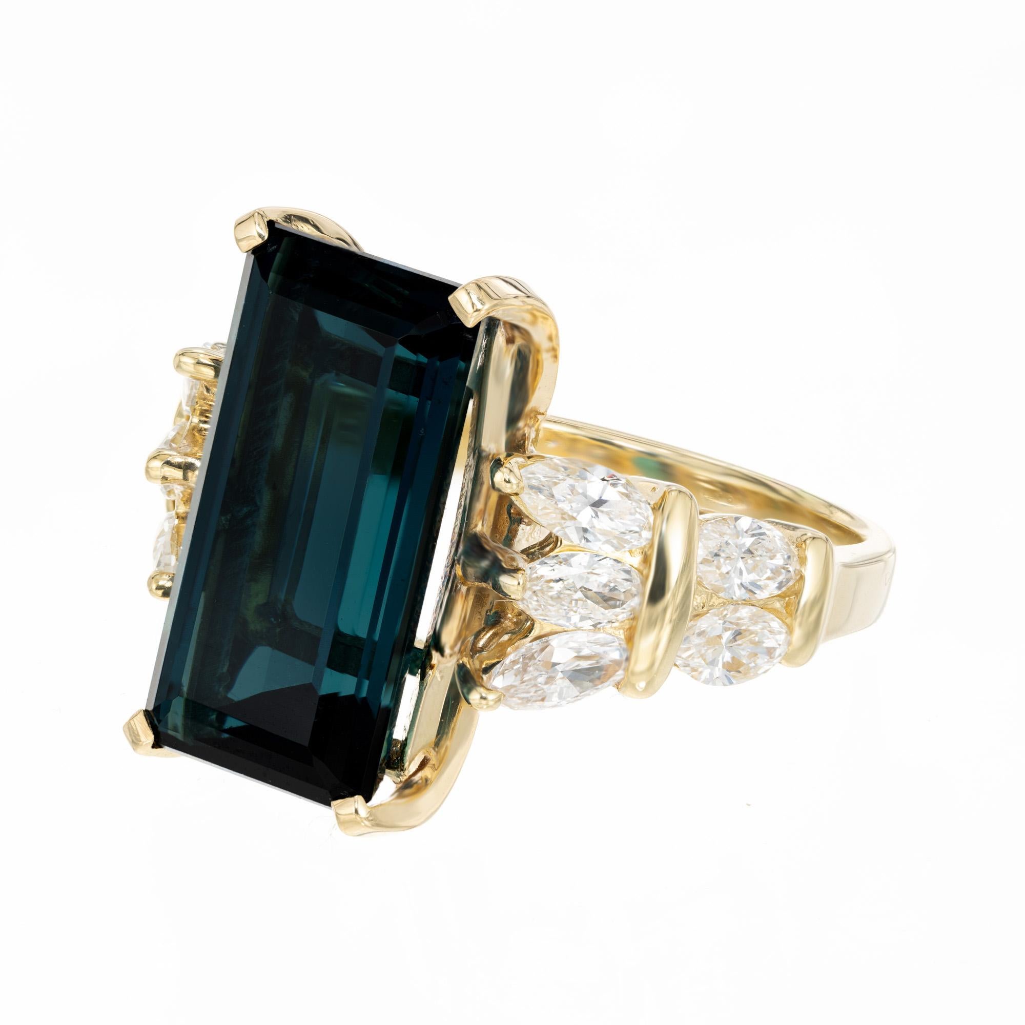 Emerald Cut 8.55 Carat Blue Indicolite Tourmaline Marquise Diamond Gold Cocktail Ring For Sale