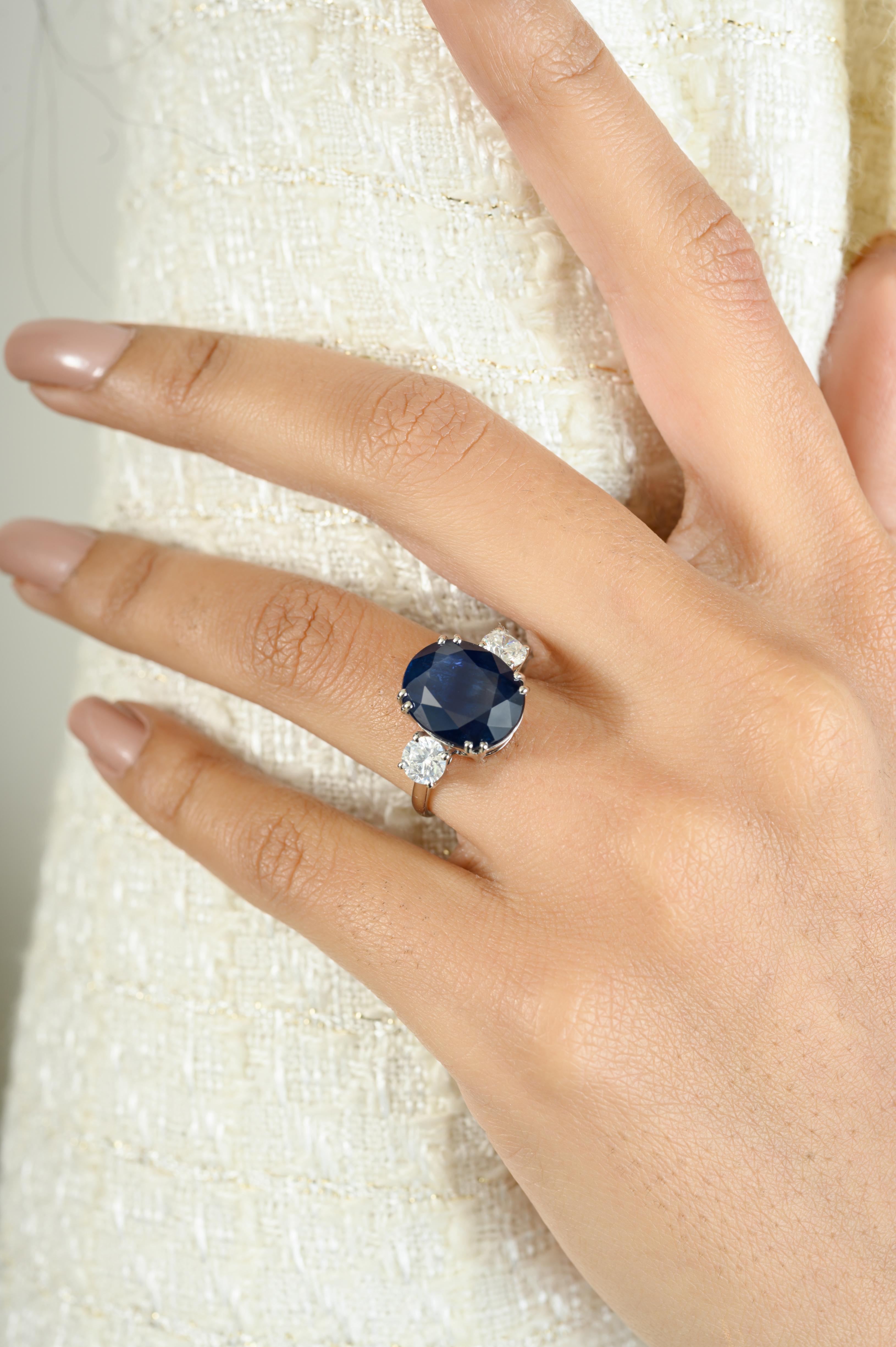 For Sale:  8.55 Carat Blue Sapphire Diamond Three-Stone Engagement Ring in 18k White Gold 2
