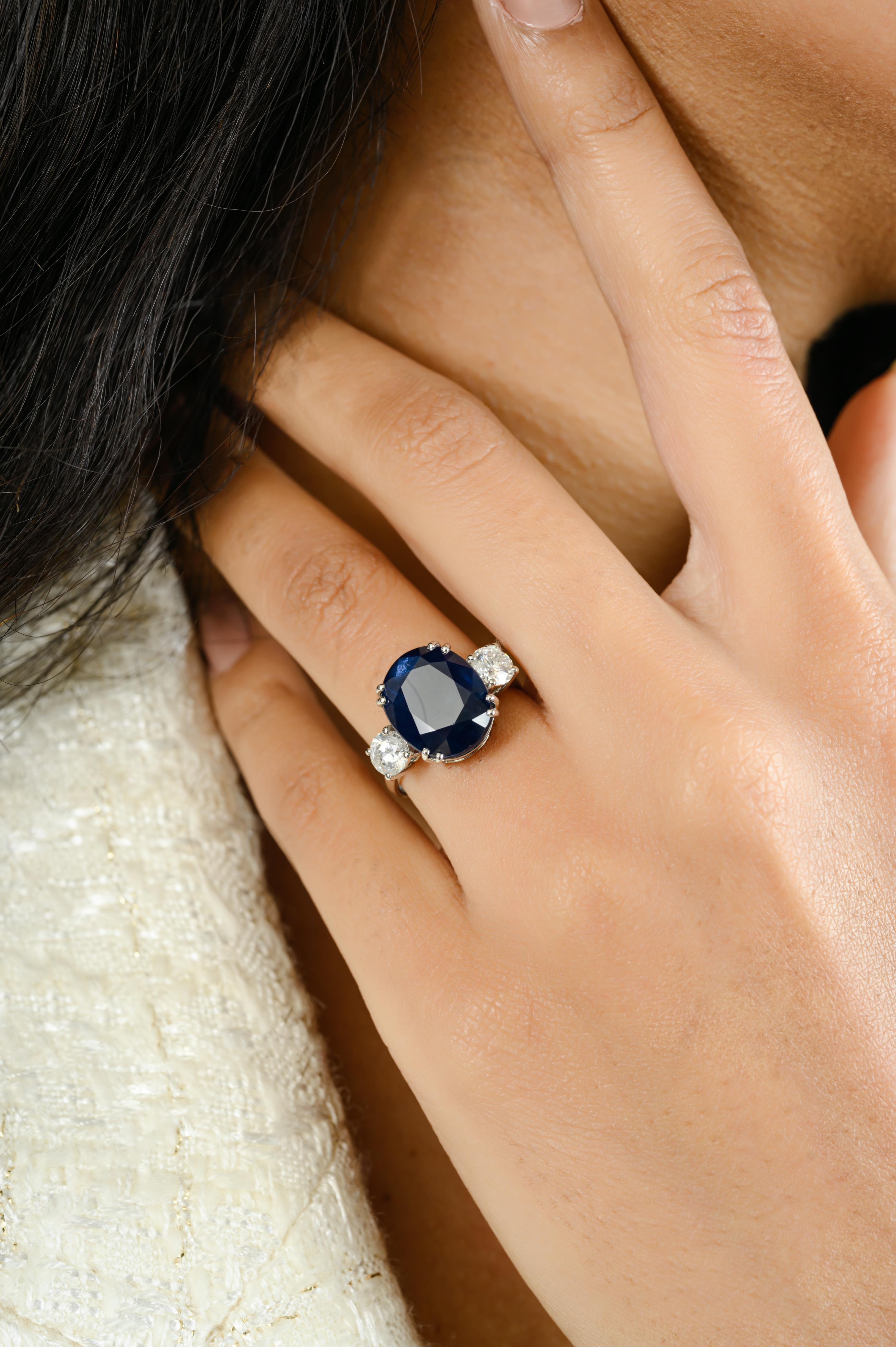 For Sale:  8.55 Carat Blue Sapphire Diamond Three-Stone Engagement Ring in 18k White Gold 4