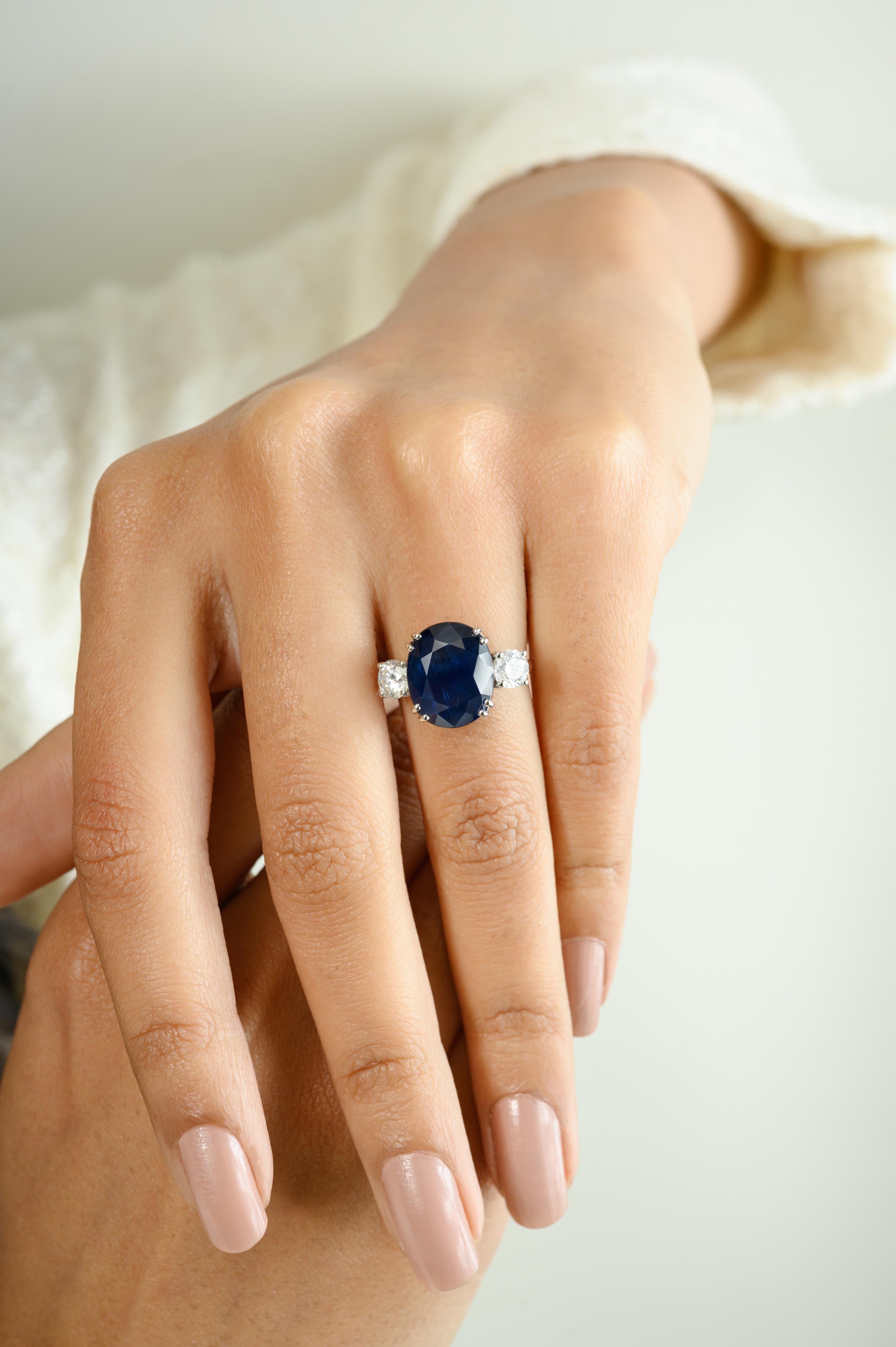 For Sale:  8.55 Carat Blue Sapphire Diamond Three-Stone Engagement Ring in 18k White Gold 8