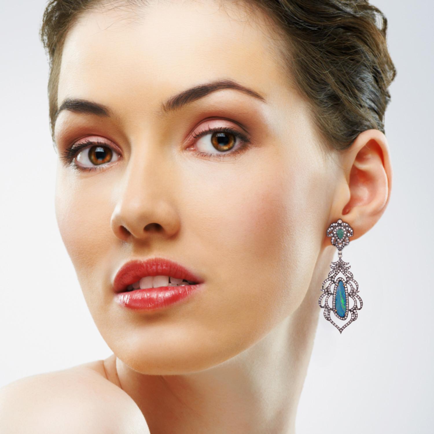 Contemporary 8.55 Carat Opal Emerald Diamond Earrings For Sale