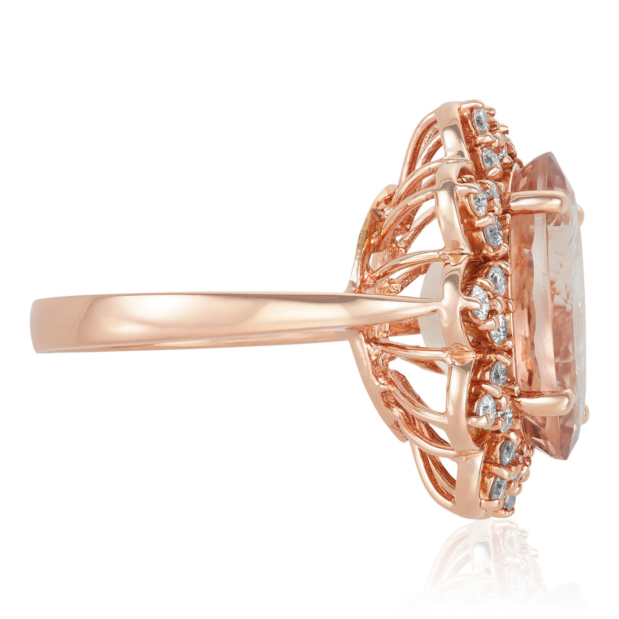 Metal: 14K Rose Gold
Center Stone: 1 Oval Shaped Pink Morganite at 8.55 ct- Measuirng 16 x 12 mm
Diamond Details: 30 Brilliant Round White Diamonds at 0.65 Carats- Clarity: VS-SI / Color H-I
Ring size: Customizable

Undeniably rare, colorfully