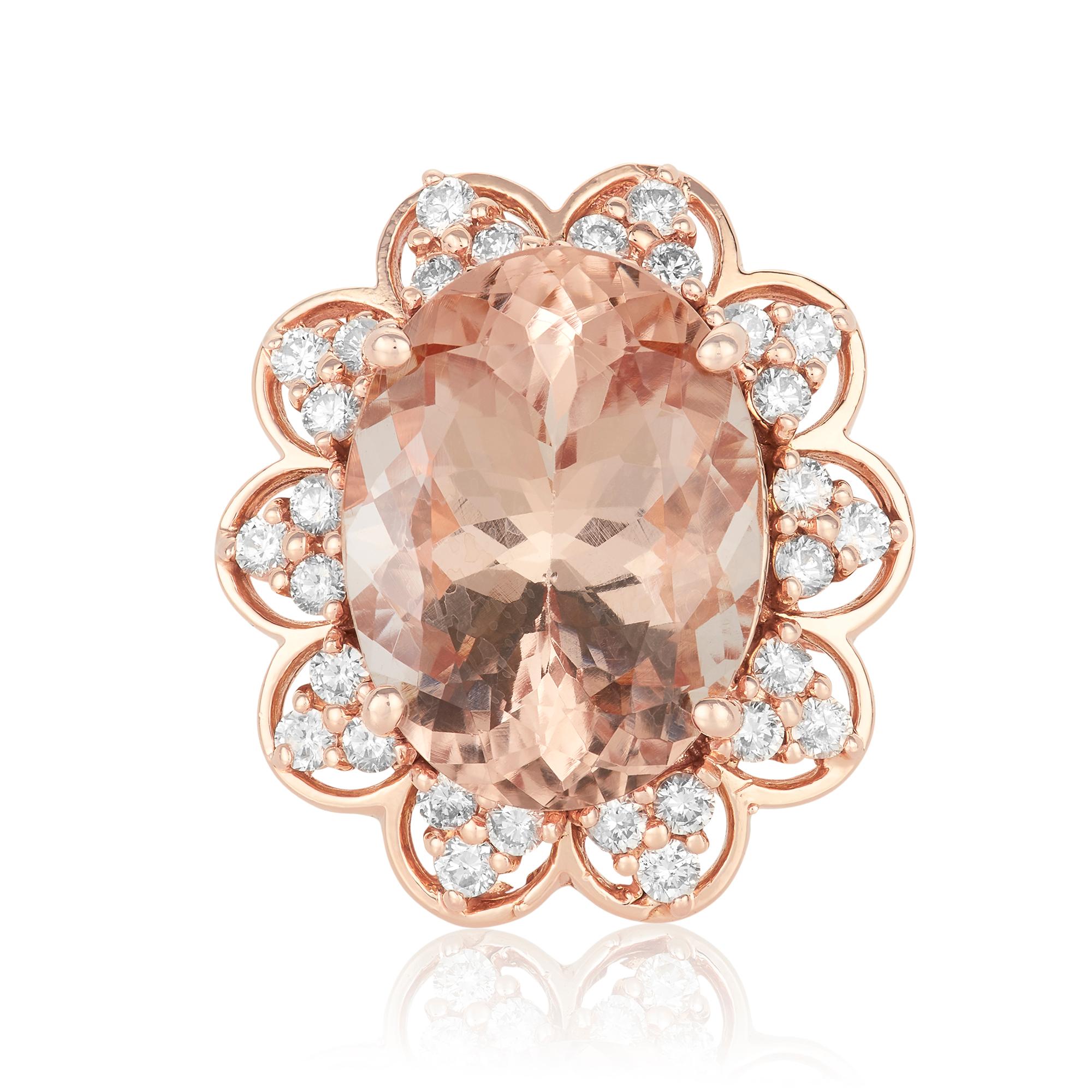 Contemporary 8.55 Carat Oval Pink Morganite Ring with White Diamond 0.65 Carat 14K Rose Gold For Sale