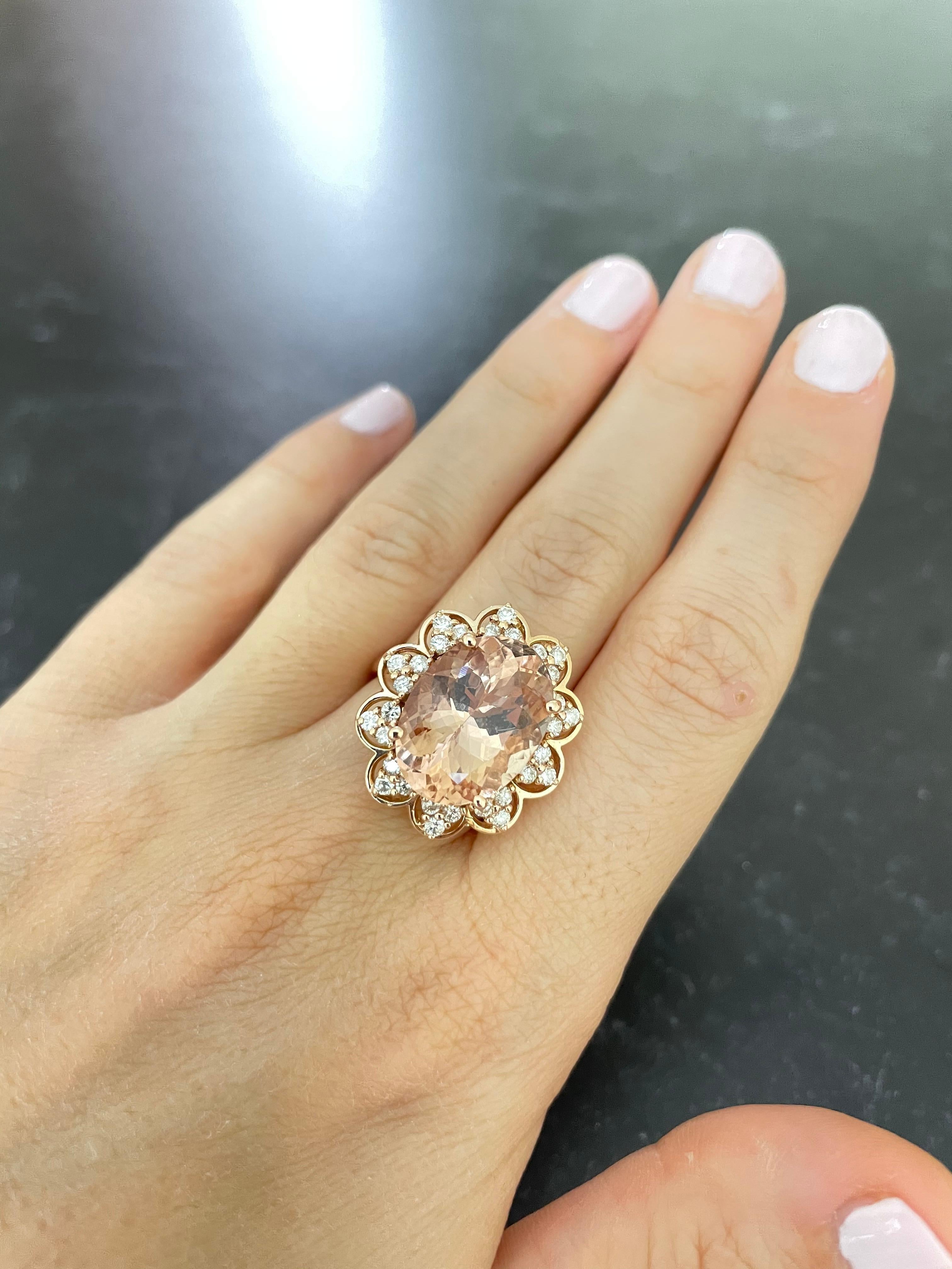 8.55 Carat Oval Pink Morganite Ring with White Diamond 0.65 Carat 14K Rose Gold In New Condition For Sale In GREAT NECK, NY