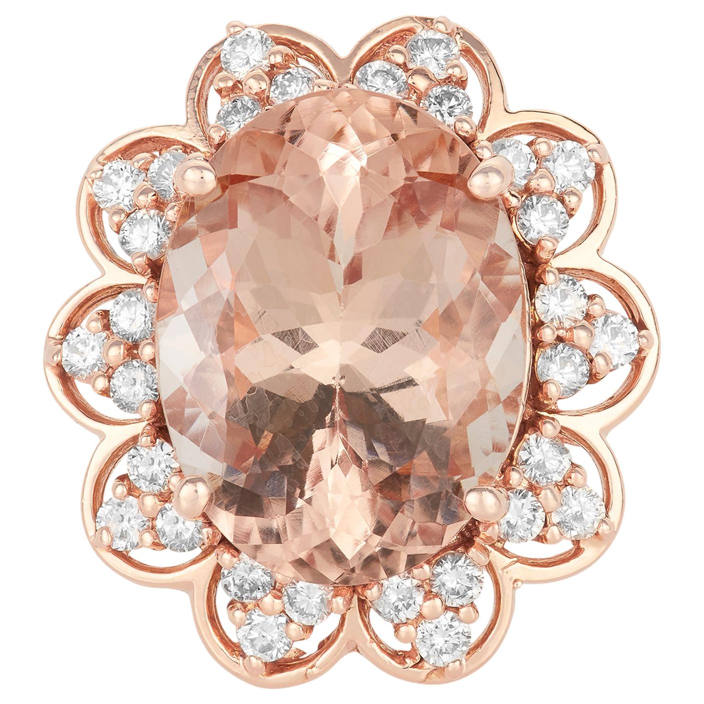 8.55 Carat Oval Pink Morganite Ring with White Diamond 0.65 Carat 14K Rose Gold For Sale