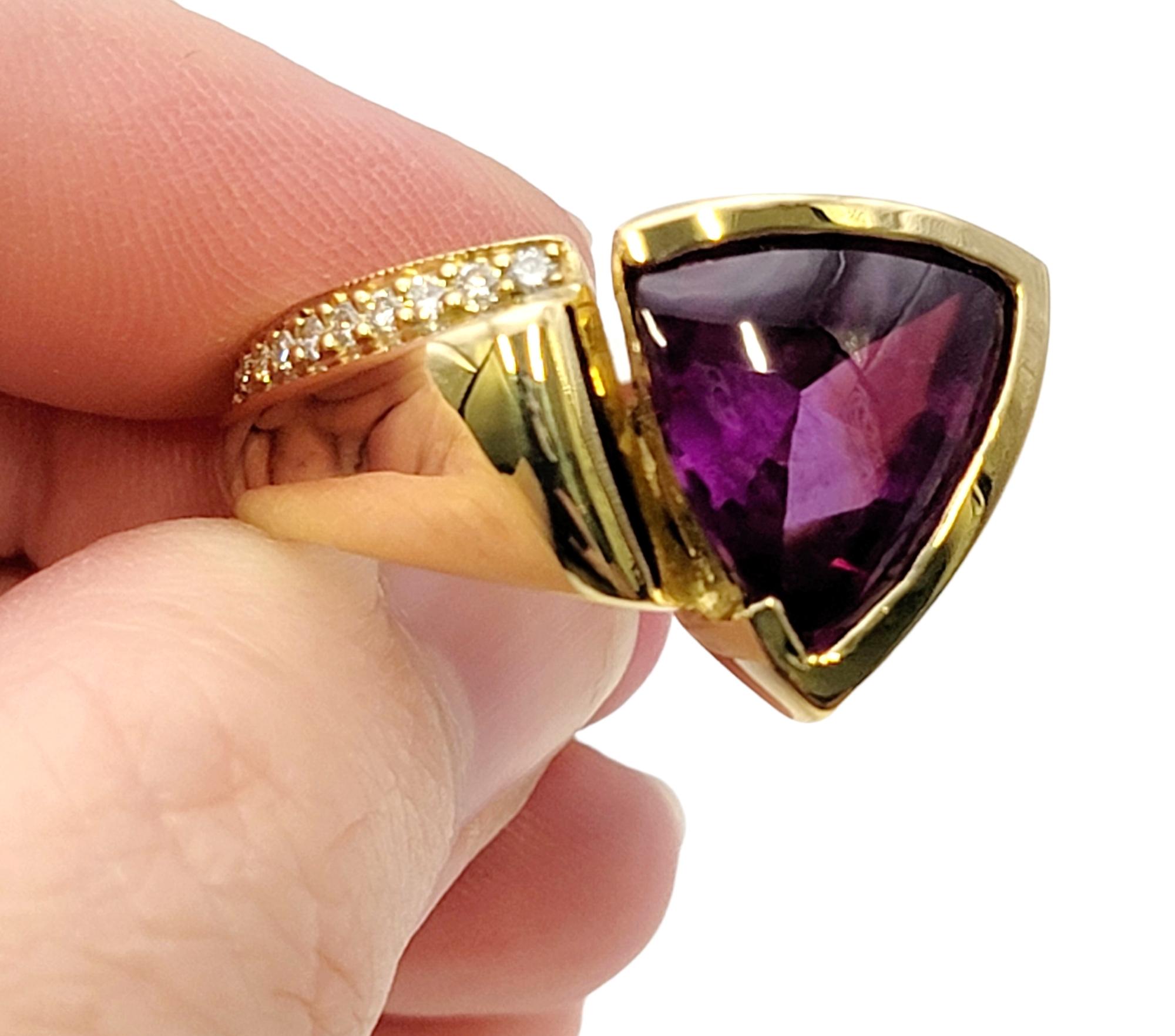 8.55 Carat Total Triangular Rhodolite Garnet and Diamond Asymmetrical Gold Ring For Sale 3