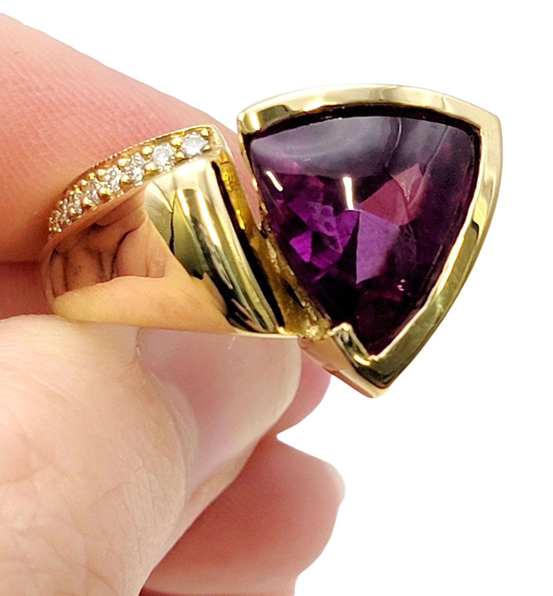 8.55 Carat Total Triangular Rhodolite Garnet and Diamond Asymmetrical Gold Ring For Sale 4