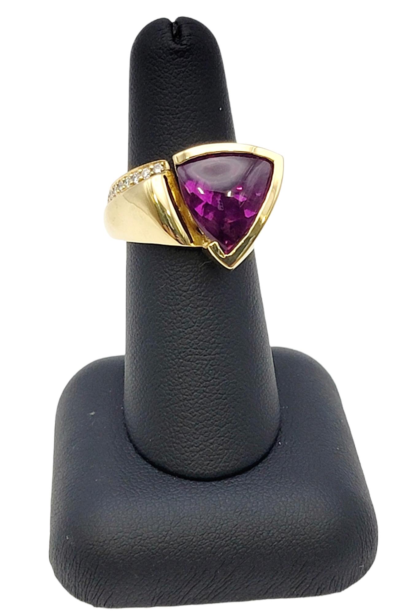 8.55 Carat Total Triangular Rhodolite Garnet and Diamond Asymmetrical Gold Ring For Sale 5