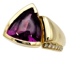 8.40 Carat Triangular Buff Top Rhodolite Garnet Ring with Diamonds in 18K Gold