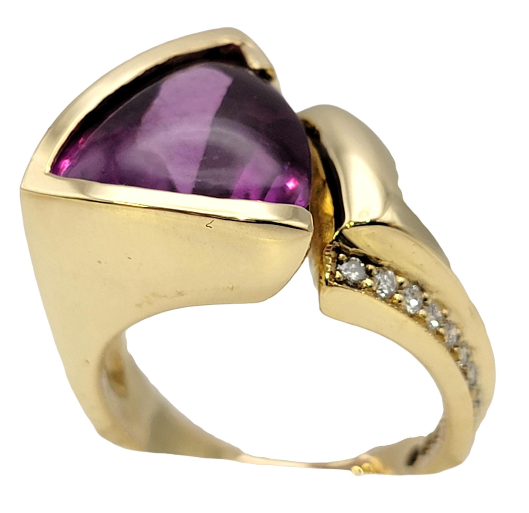 Trillion Cut 8.55 Carat Total Triangular Rhodolite Garnet and Diamond Asymmetrical Gold Ring For Sale