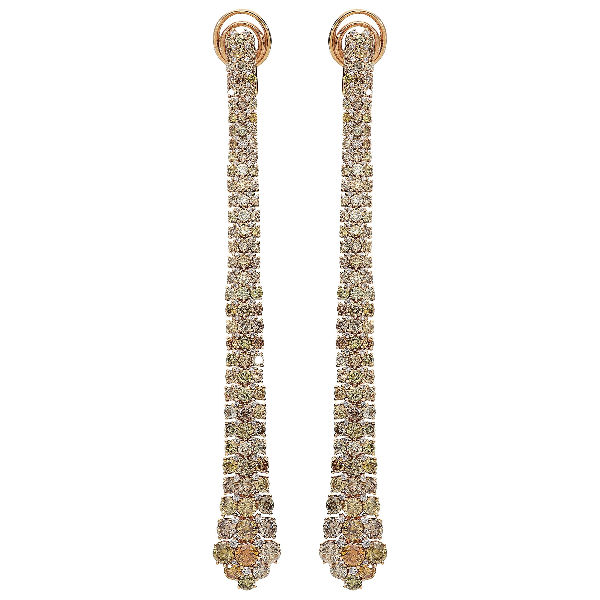 8.55 Carat Multicolored and 0.59 White GSI Diamonds Pink Gold Long Earrings For Sale