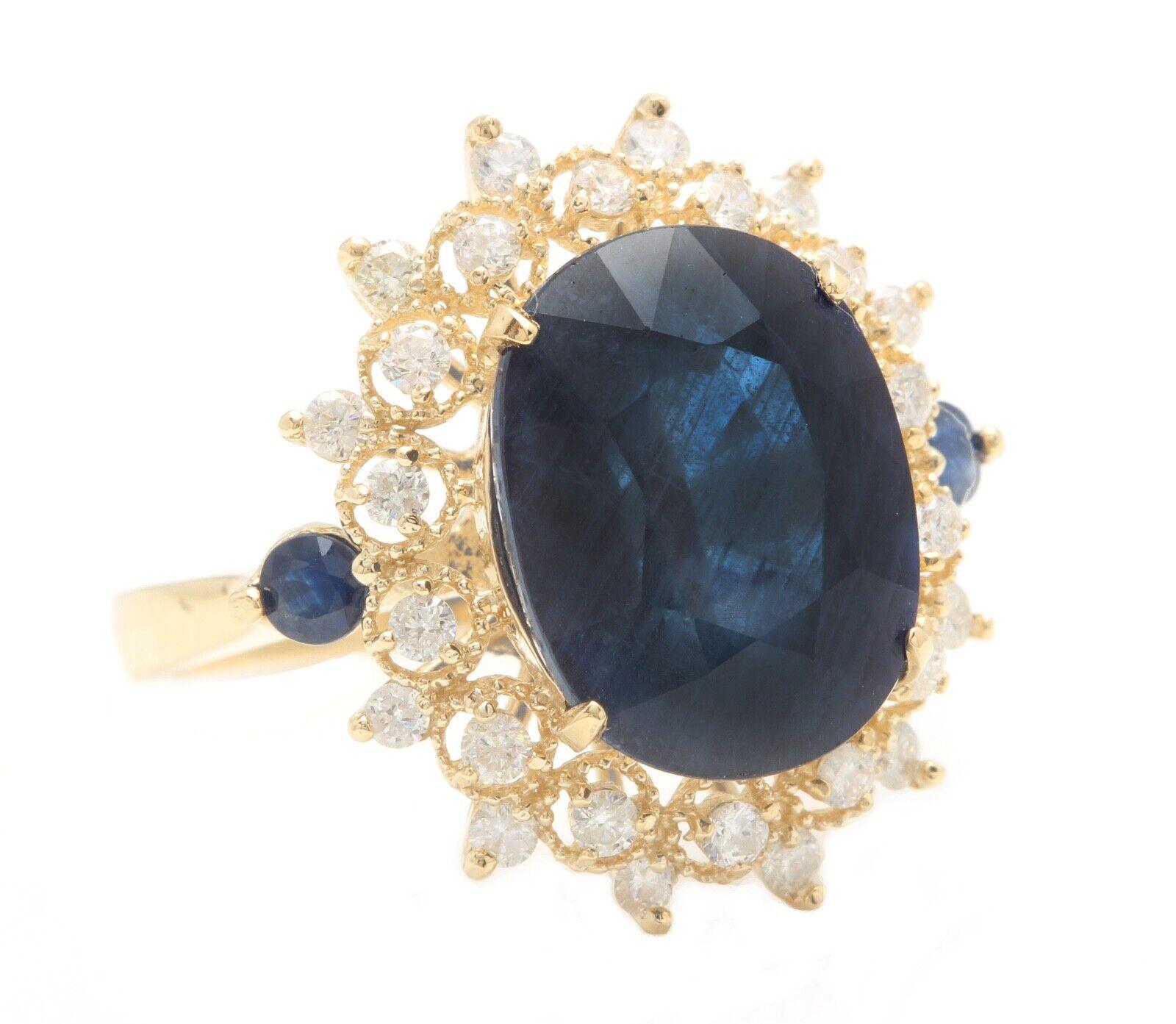 8.55 Carats Exquisite Natural Blue Sapphire and Diamond 14K Solid Yellow Gold Ring

Suggested Replacement Value Approx. $6,000.00

Total Blue Sapphire Weight is: Approx. 8.00 Carats 

Sapphire Measures: Approx. 13.85 x 10.70mm

Sapphire Treatment: