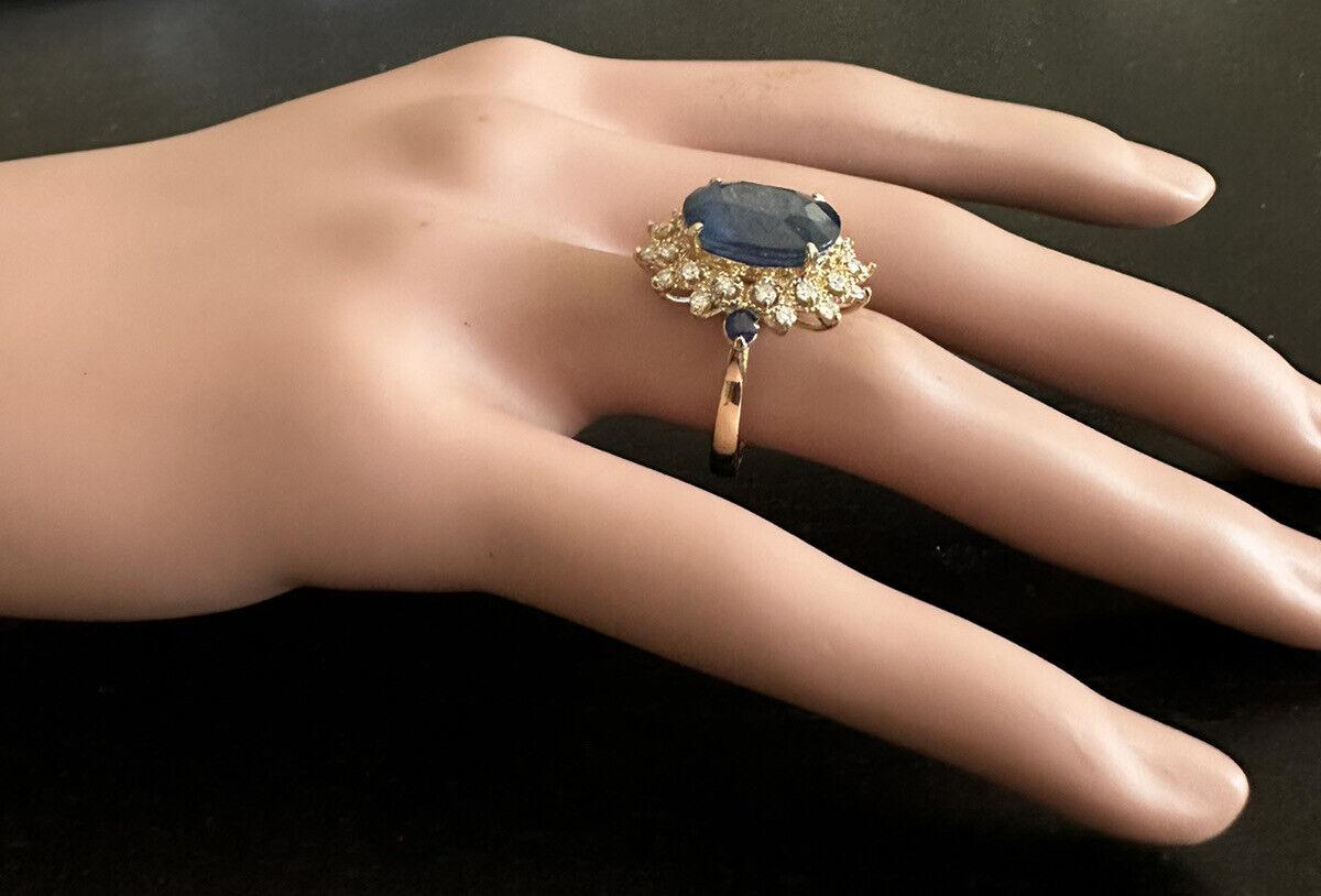 8.55 Ct Exquisite Natural Blue Sapphire and Diamond 14k Solid Yellow Gold Ring For Sale 2
