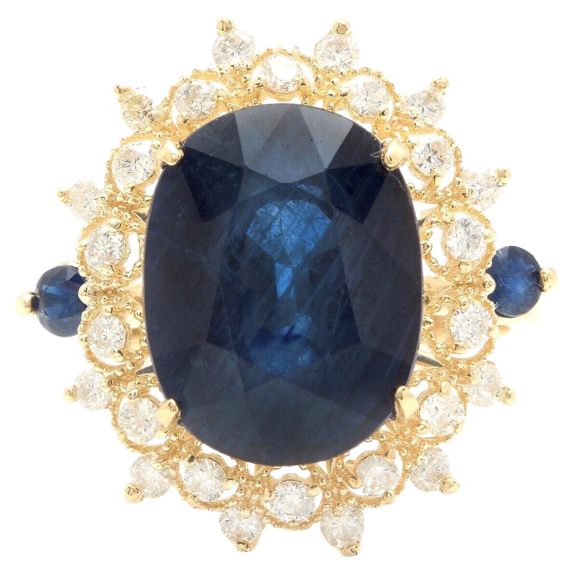 8.55 Ct Exquisite Natural Blue Sapphire and Diamond 14k Solid Yellow Gold Ring For Sale