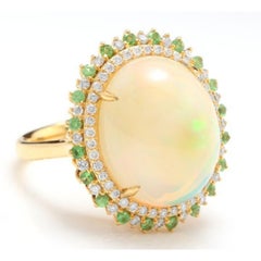 8.55 Ct Natural Ethiopian Opal, Tsavorite and Diamond 14K Solid Yellow Gold Ring