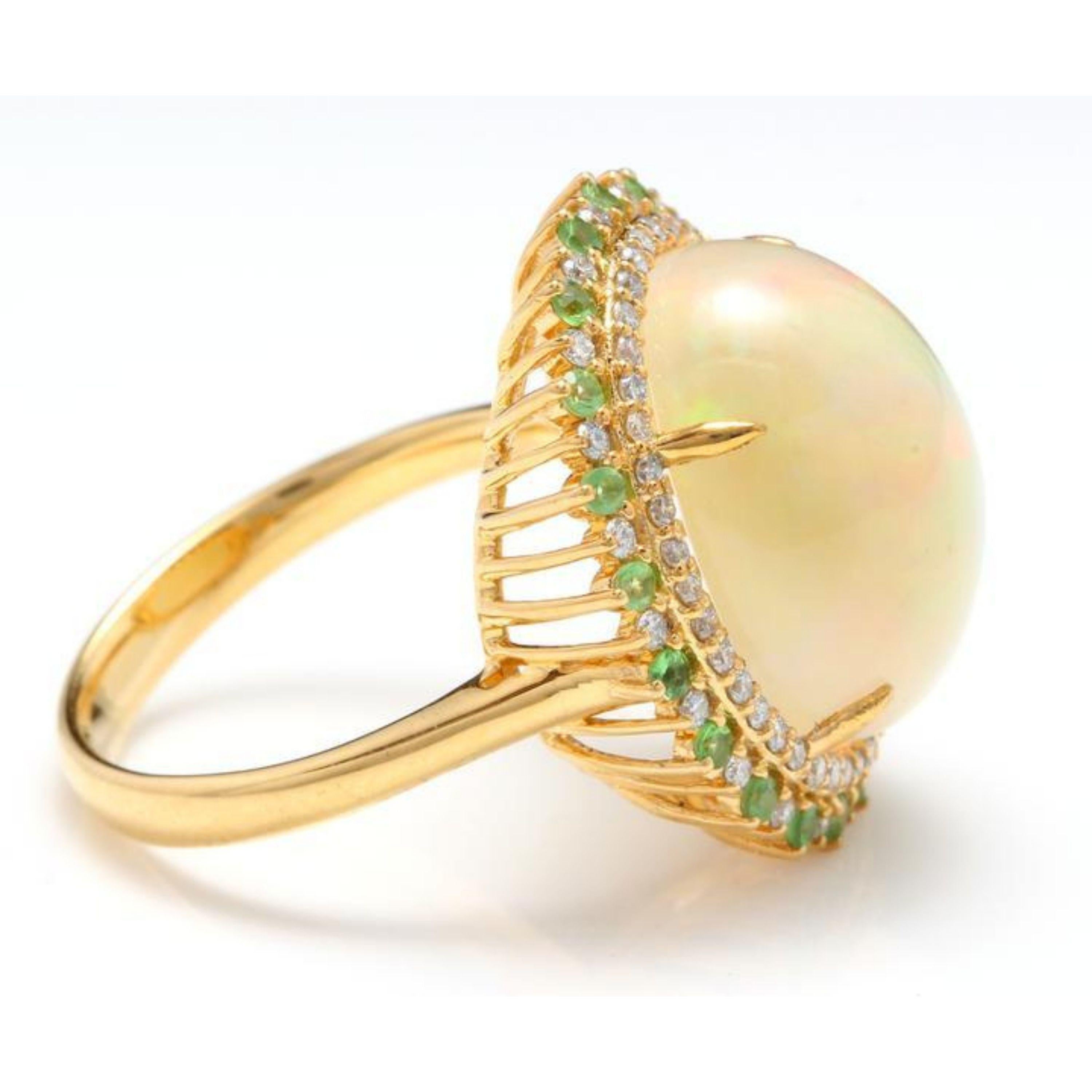 Mixed Cut 8.55 Ct Natural Ethiopian Opal, Tsavorite and Diamond 14K Solid Yellow Gold Ring For Sale